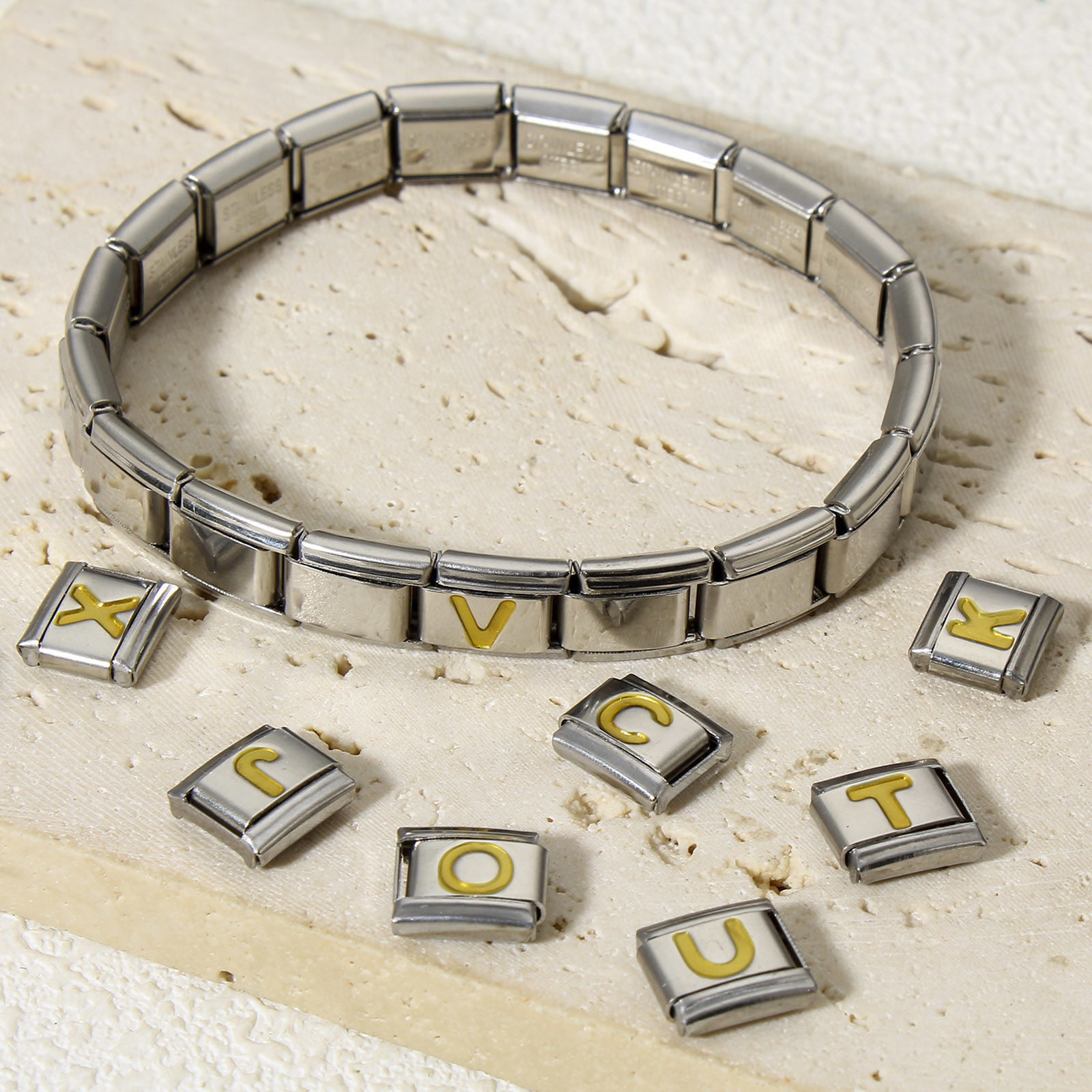 Picture of 304 Stainless Steel Italian Charm Links For DIY Bracelet Jewelry Making Silver Tone Golden Rectangle Initial Alphabet/ Capital Letter Message " A-Z " Enamel 10mm x 9mm