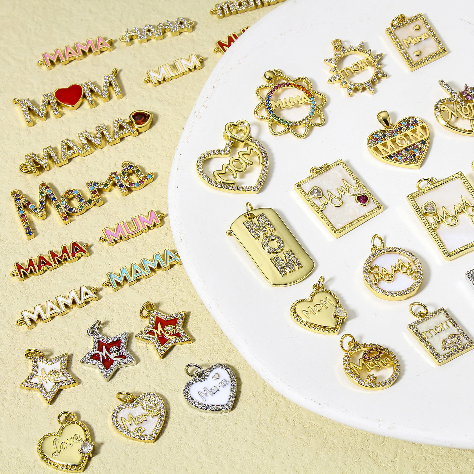 Picture of Brass Mother's Day Charms Real Gold Plated Micro Pave Clear Cubic Zirconia