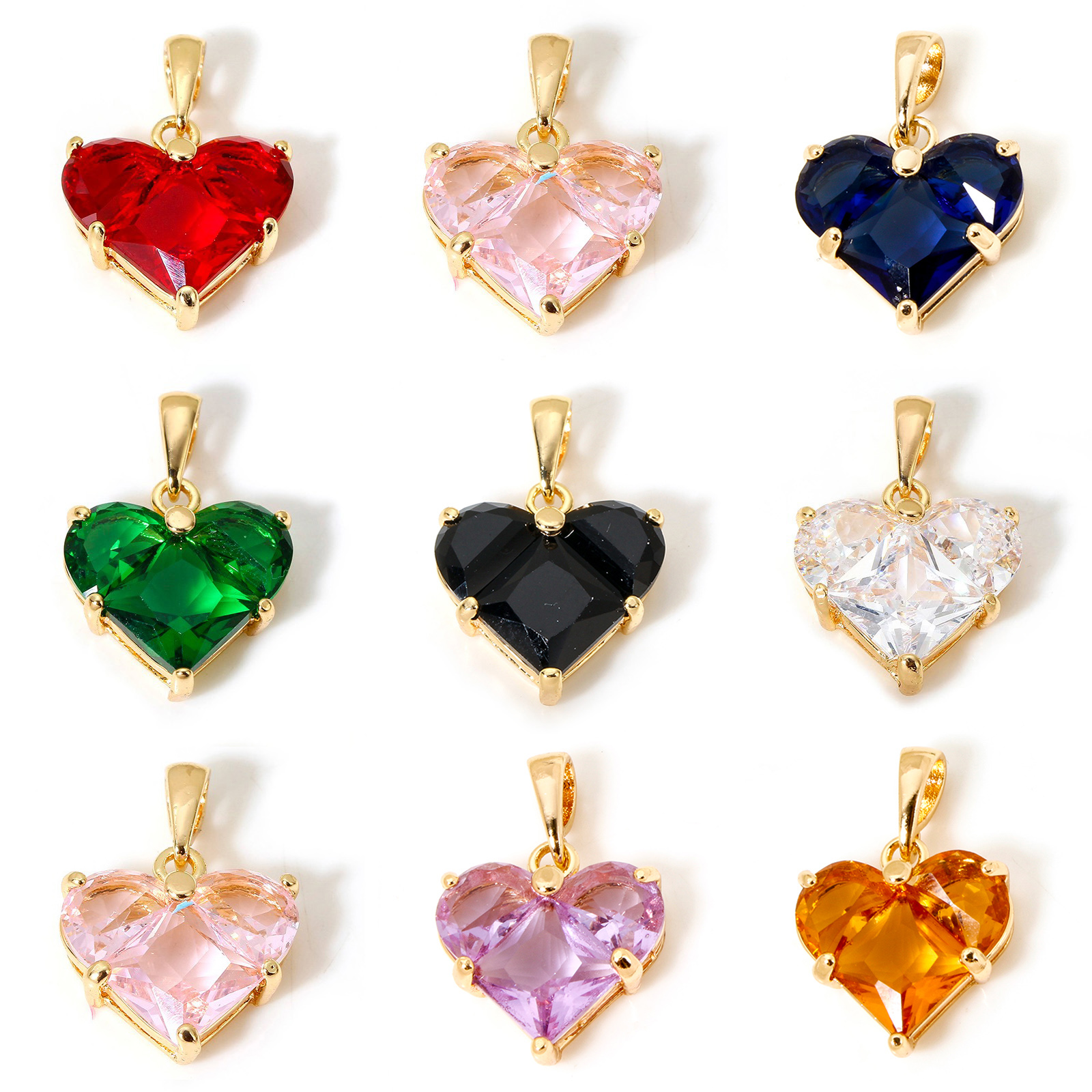Picture of Brass Valentine's Day Charm Pendant 18K Real Gold Plated Heart Multicolour Cubic Zirconia 20mm x 14mm