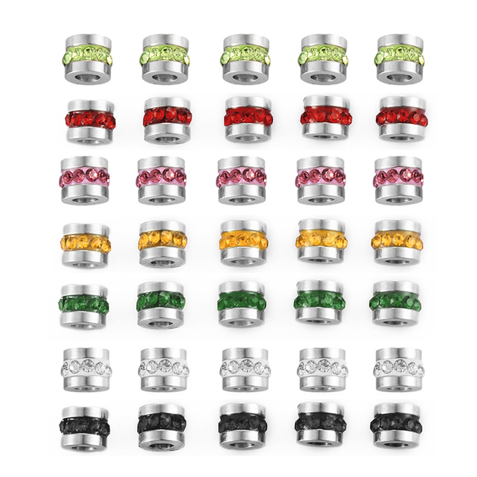 Picture of 304 Stainless Steel Birthstone Beads For DIY Jewelry Making Single Hole Tube Silver Tone Multicolor Rhinestone