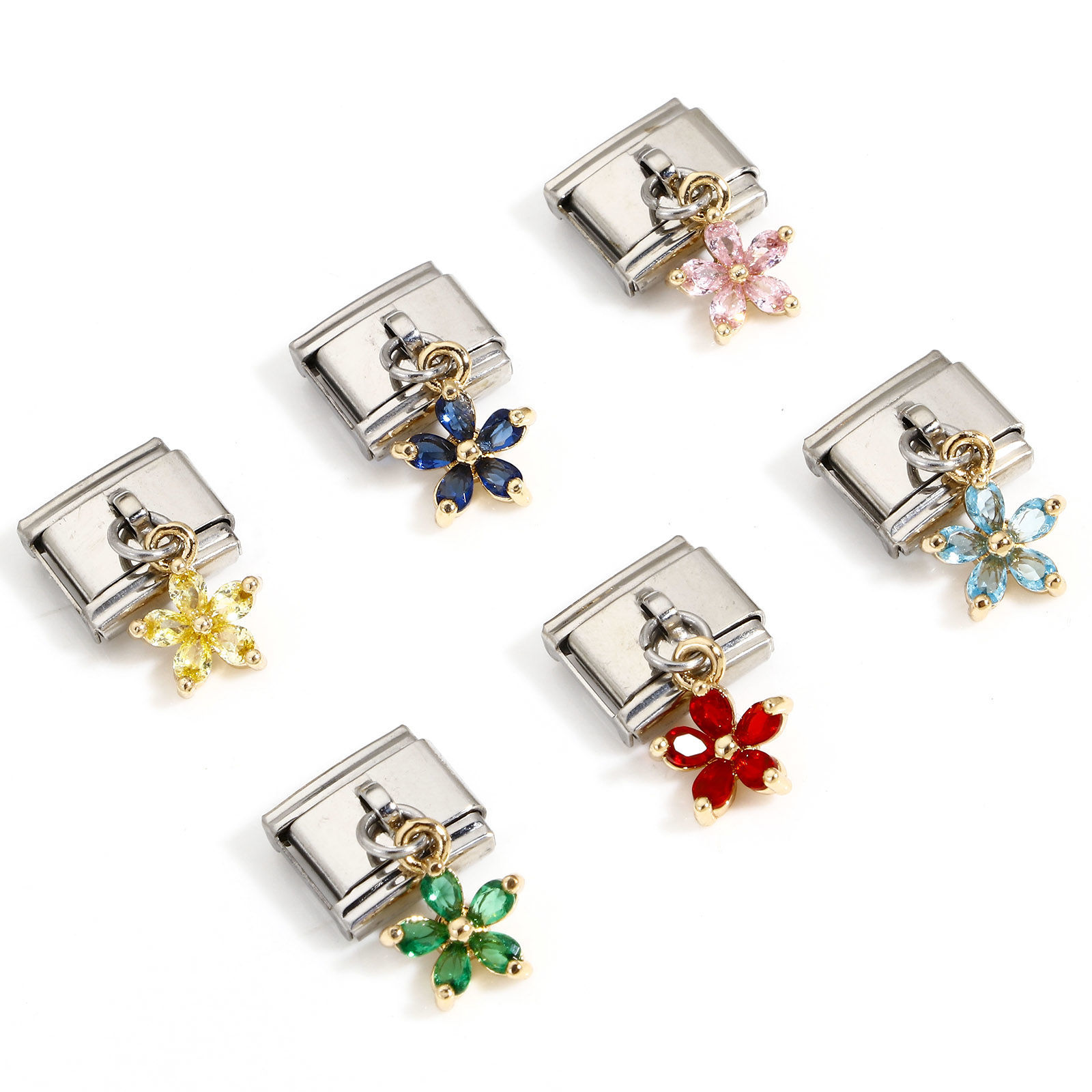 Imagen de 1 Unidad 304 Acero Inoxidable Charm Pulsera de Eslabones Italianos para Hacer Joyas DIY Tono de Plata Rectángulo Flor con colgante 10mm x 9mm