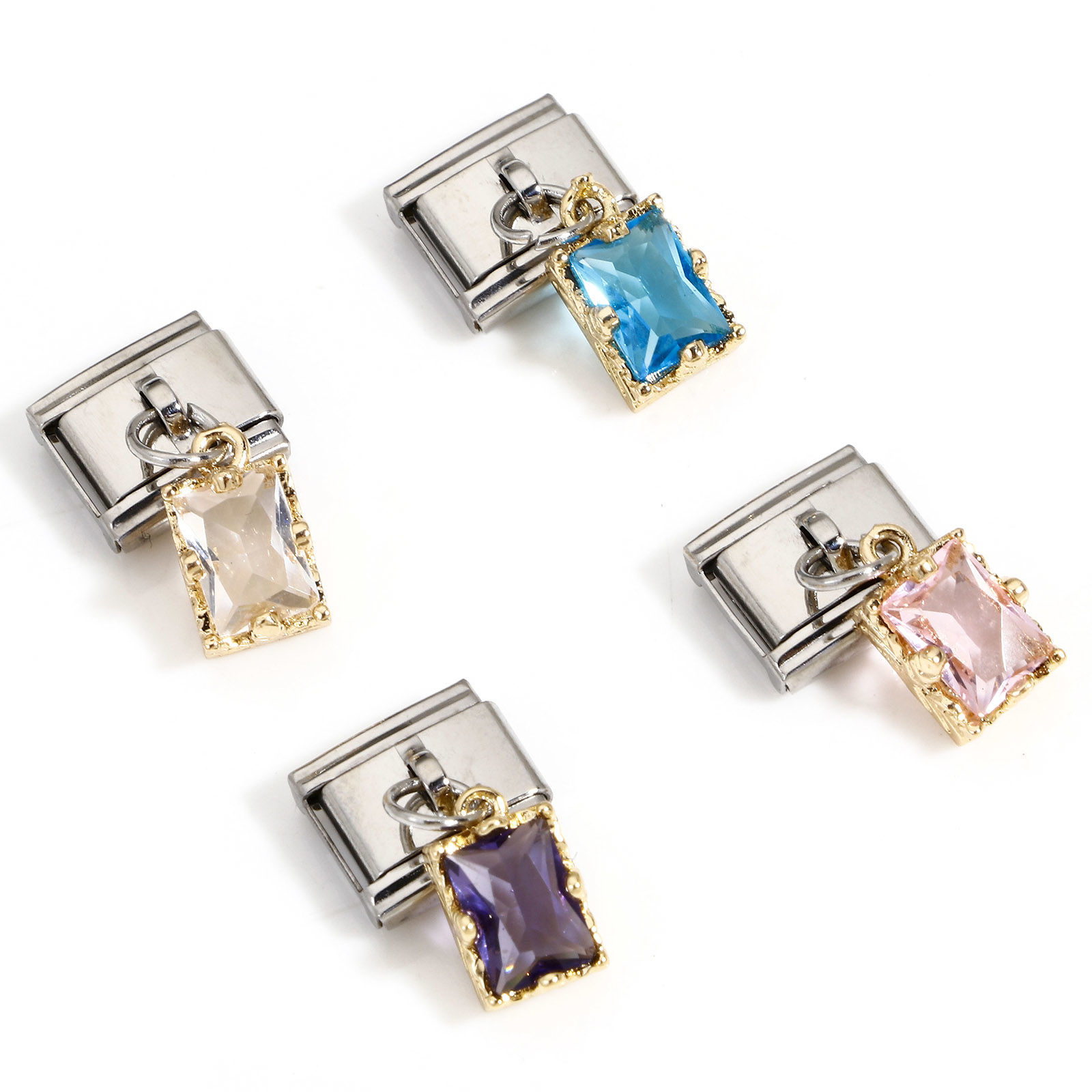 Picture of 304 Stainless Steel Italian Charm Links For DIY Bracelet Jewelry Making Silver Tone Rectangle With Pendant 10mm x 9mm