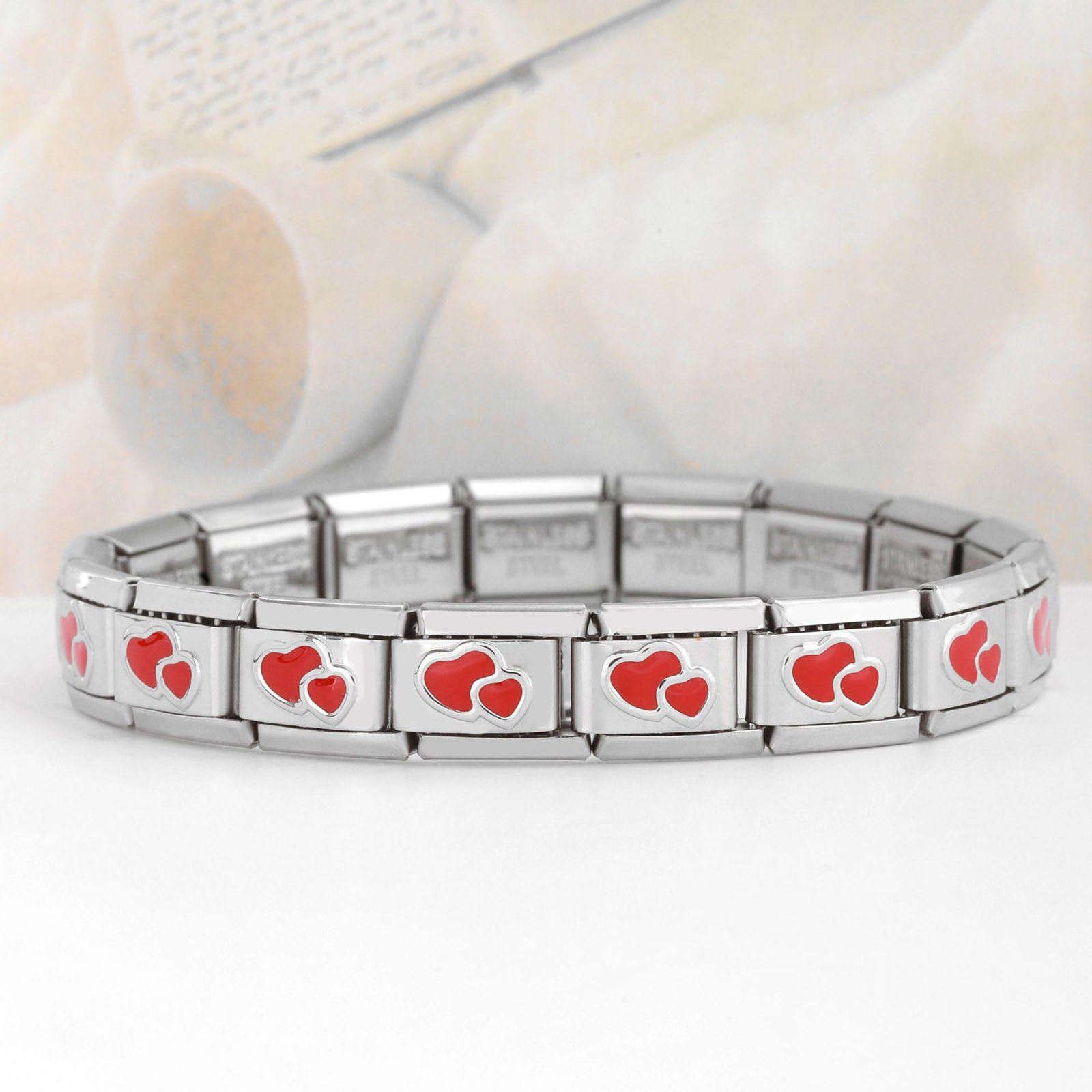 Image de 1 Pièce Bracelet à Maillons Breloques Italiens Accessories de Fabrication de Bracelets Bijoux DIY La Saint Valentin en 304 Acier Inoxydable Argent Mat Rectangle Cœur Émail 10mm x 9mm
