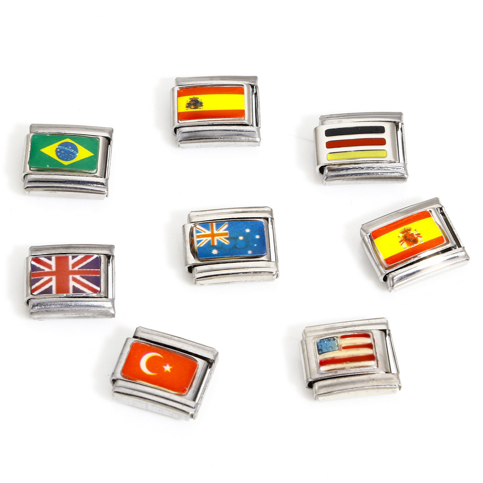 Picture of 304 Stainless Steel Italian Charm Links For DIY Bracelet Jewelry Making Silver Tone Rectangle National Flag Enamel 10mm x 9mm