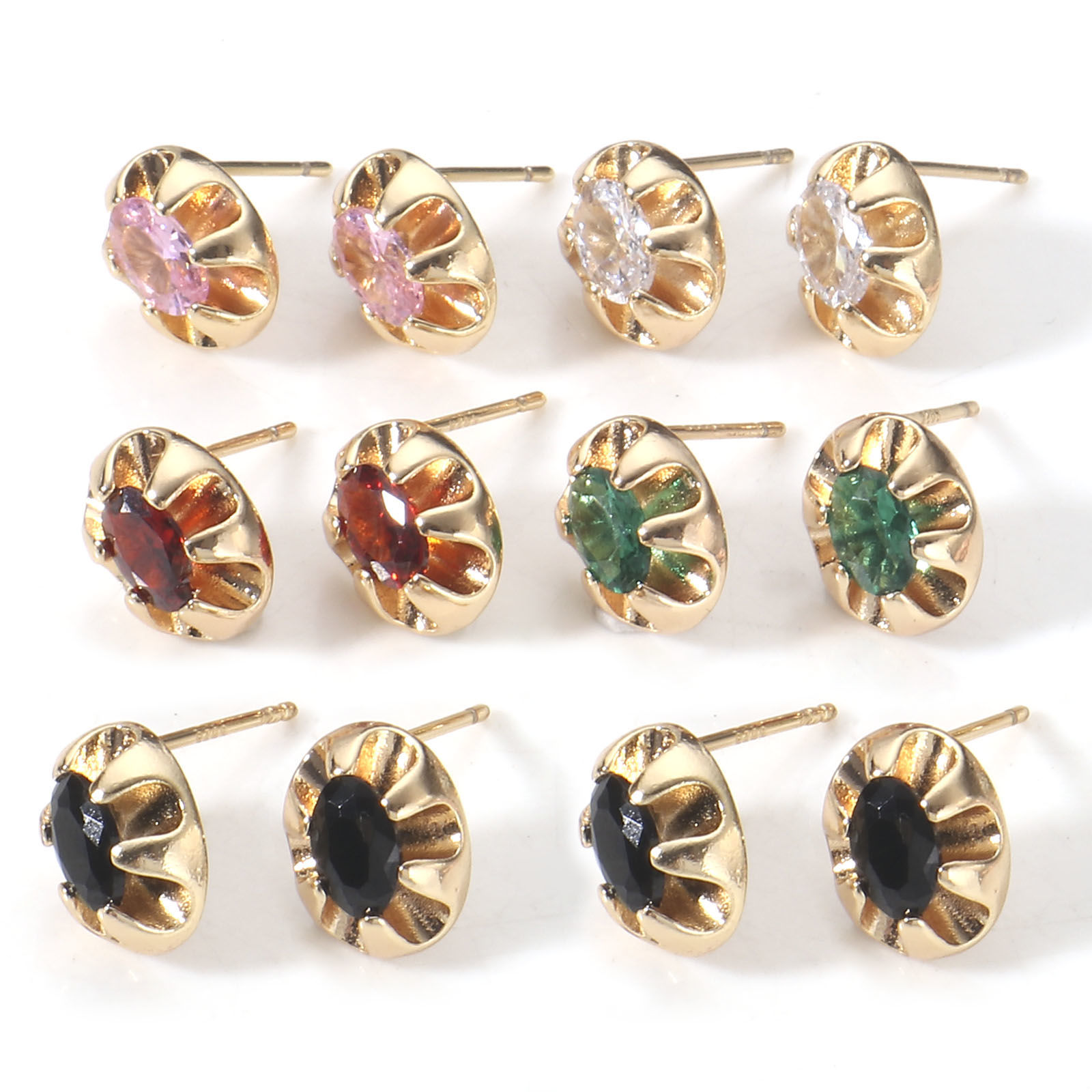 Picture of Eco-friendly Vacuum Plating Stylish Birthstone 18K Real Gold Plated Multicolor Copper & Cubic Zirconia Oval Ear Post Stud Earrings For Women Birthday