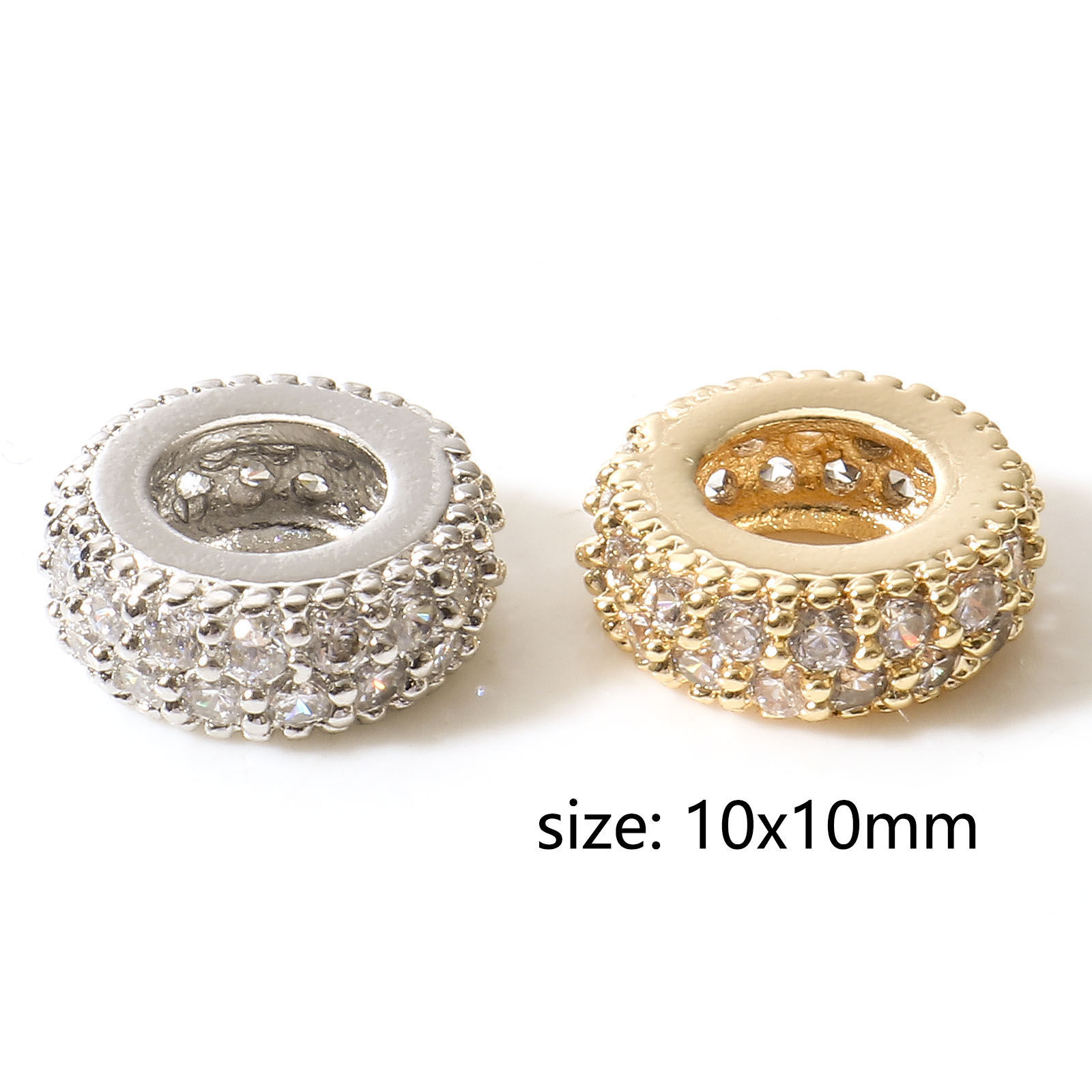Picture of Brass Geometric European Style Large Hole Charm Beads Real Gold Plated Wheel Micro Pave Clear Rhinestone