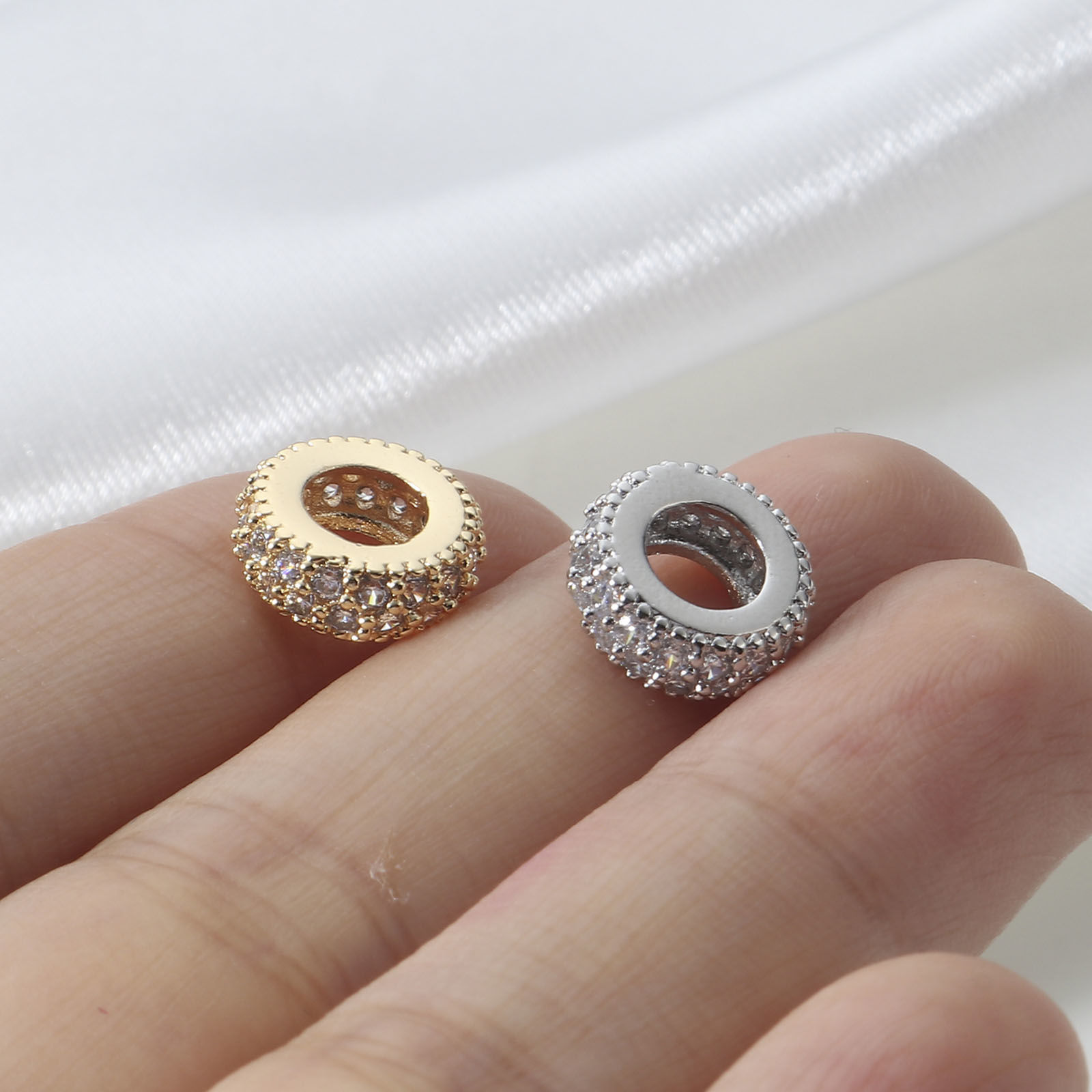 Picture of Brass Geometric European Style Large Hole Charm Beads Real Gold Plated Wheel Micro Pave Clear Rhinestone