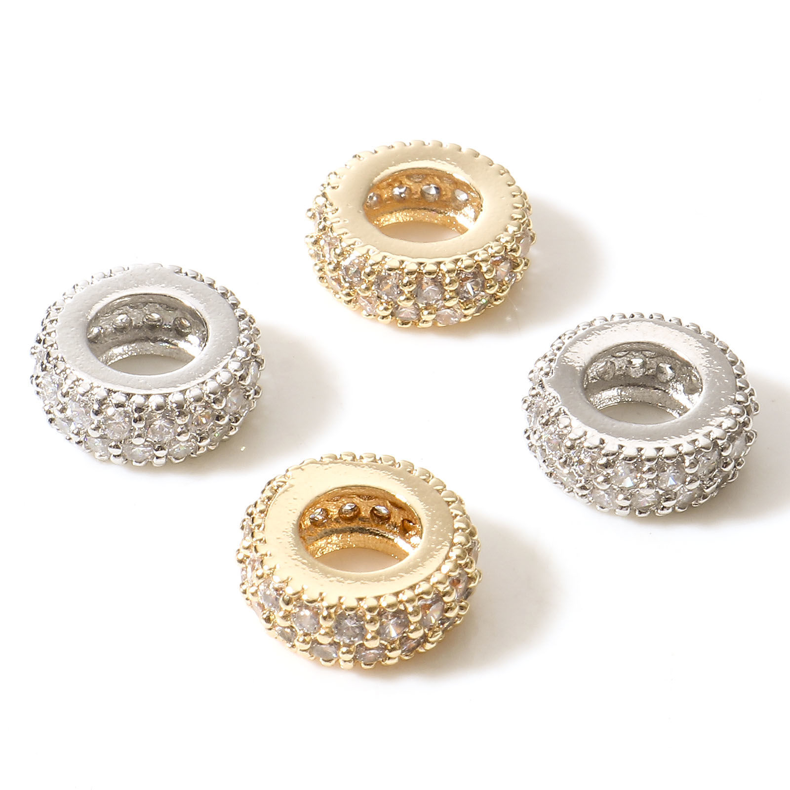 Picture of Brass Geometric European Style Large Hole Charm Beads Real Gold Plated Wheel Micro Pave Clear Rhinestone
