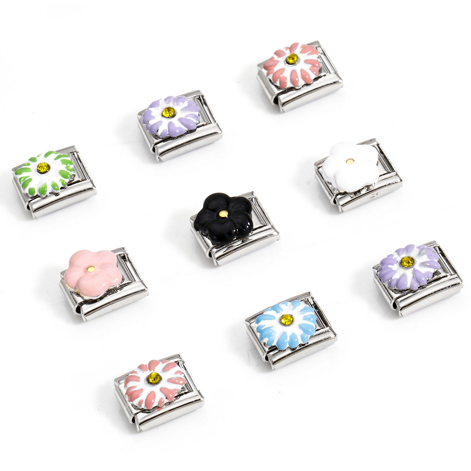 Immagine di 1 Pz 304 Acciaio Inossidabile Bracciale con Charm Italiano a Maglie, Creazione di Gioielli Fai-da-te Tono Argento Rettangolo Intagliato Giallo Strass 10mm x 9mm