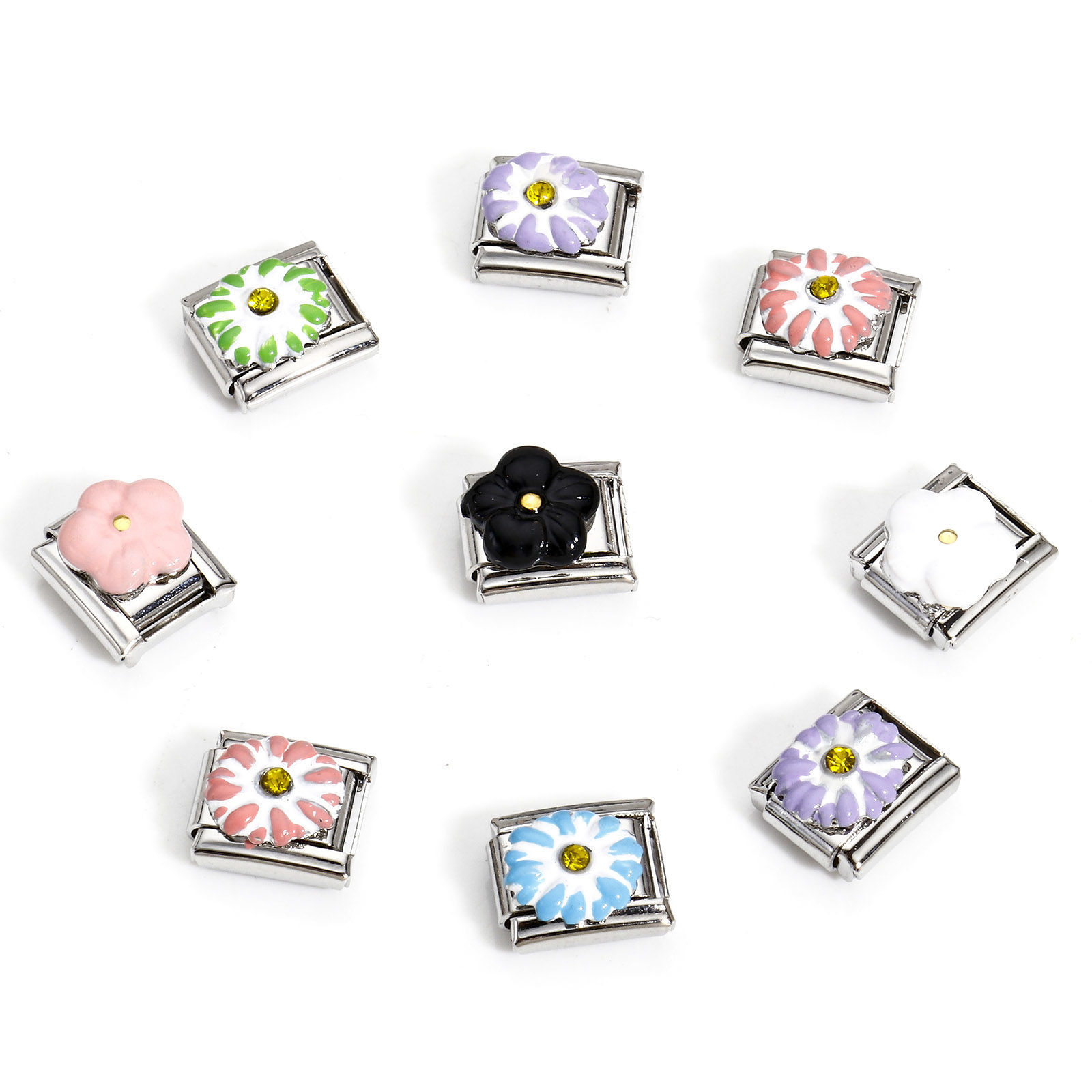 Immagine di 1 Pz 304 Acciaio Inossidabile Bracciale con Charm Italiano a Maglie, Creazione di Gioielli Fai-da-te Tono Argento Rettangolo Intagliato Giallo Strass 10mm x 9mm
