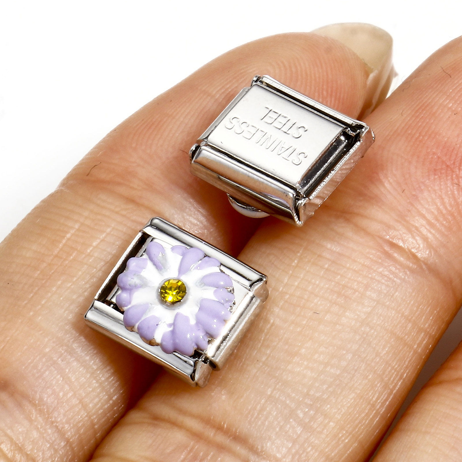 Immagine di 1 Pz 304 Acciaio Inossidabile Bracciale con Charm Italiano a Maglie, Creazione di Gioielli Fai-da-te Tono Argento Rettangolo Intagliato Giallo Strass 10mm x 9mm