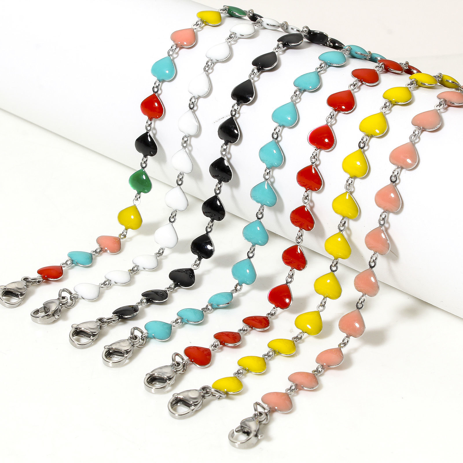 Picture of 304 Stainless Steel Valentine's Day Handmade Link Chain Necklace For DIY Jewelry Making Heart Silver Tone Double-sided Enamel 45cm(17 6/8") long, Chain Size: 7mm