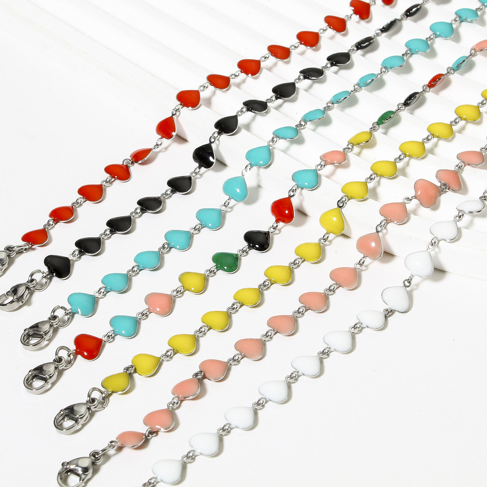 Picture of 304 Stainless Steel Valentine's Day Handmade Link Chain Necklace For DIY Jewelry Making Heart Silver Tone Double-sided Enamel 45cm(17 6/8") long, Chain Size: 7mm