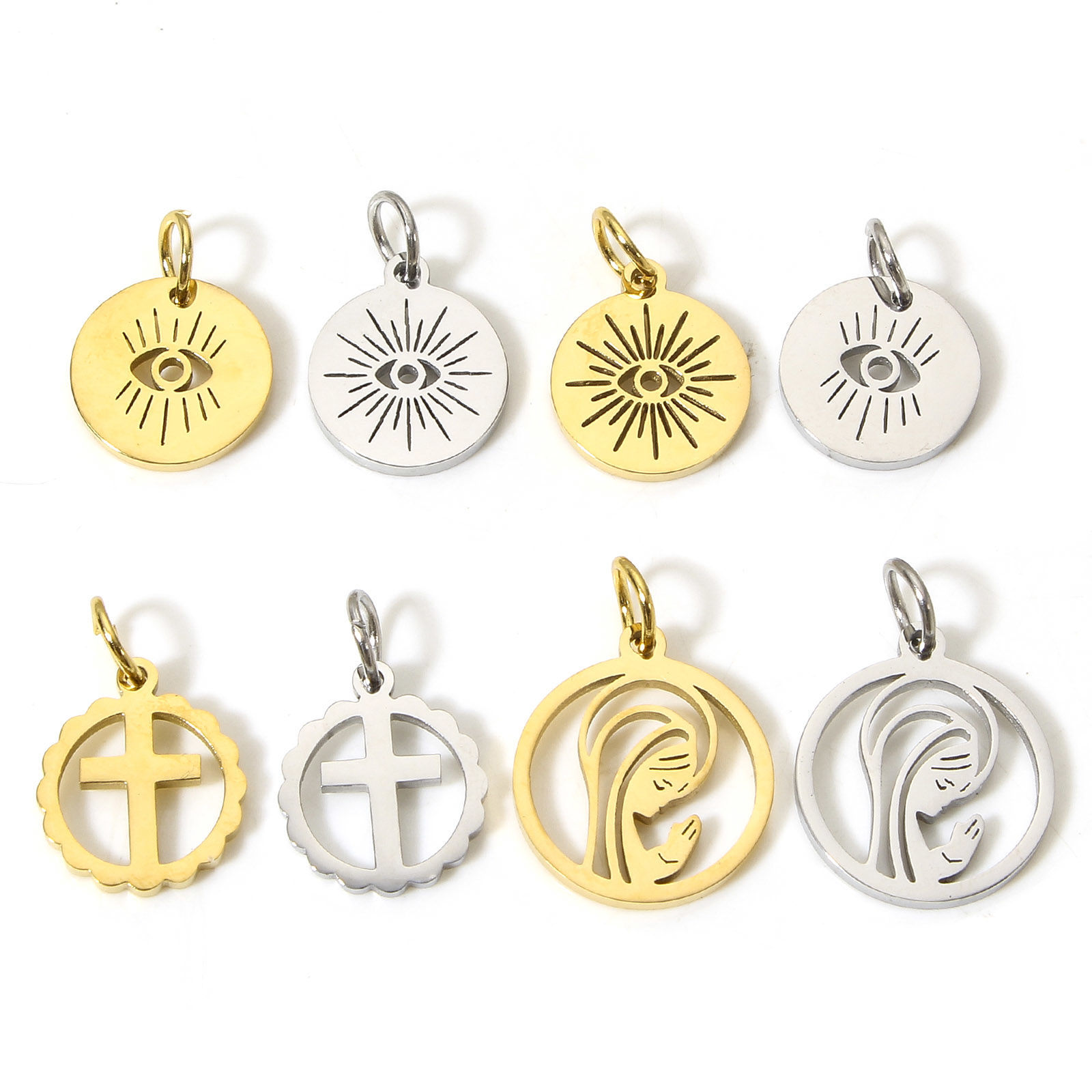 Image de 1 Pièce Breloques en 304 Acier Inoxydable Respectueux de la Nature Religieux Rond Multicolore Croix Creux