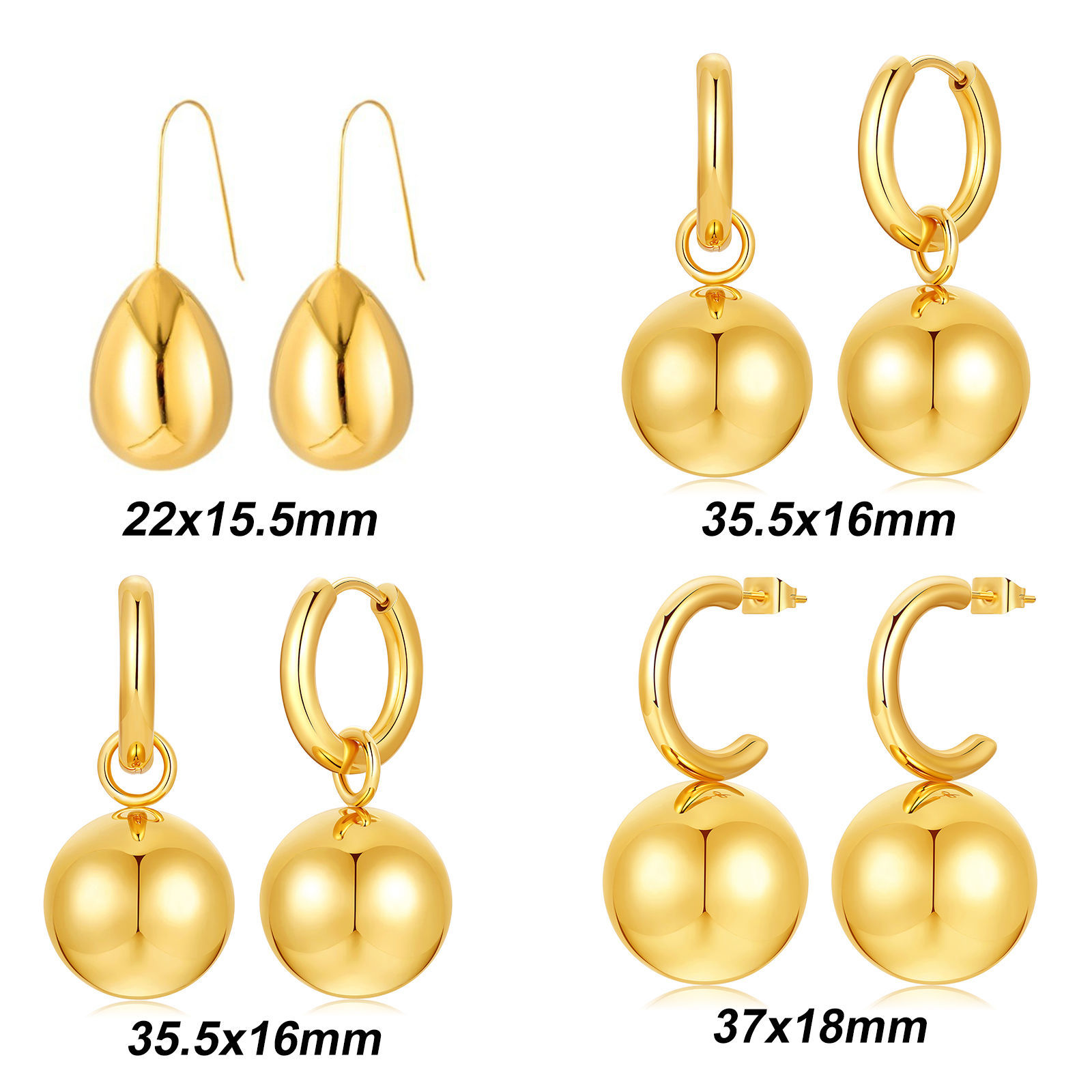 Изображение 1 Pair Eco-friendly Dainty Real Gold Plated 304 Stainless Steel Ball Earrings For Women Gift