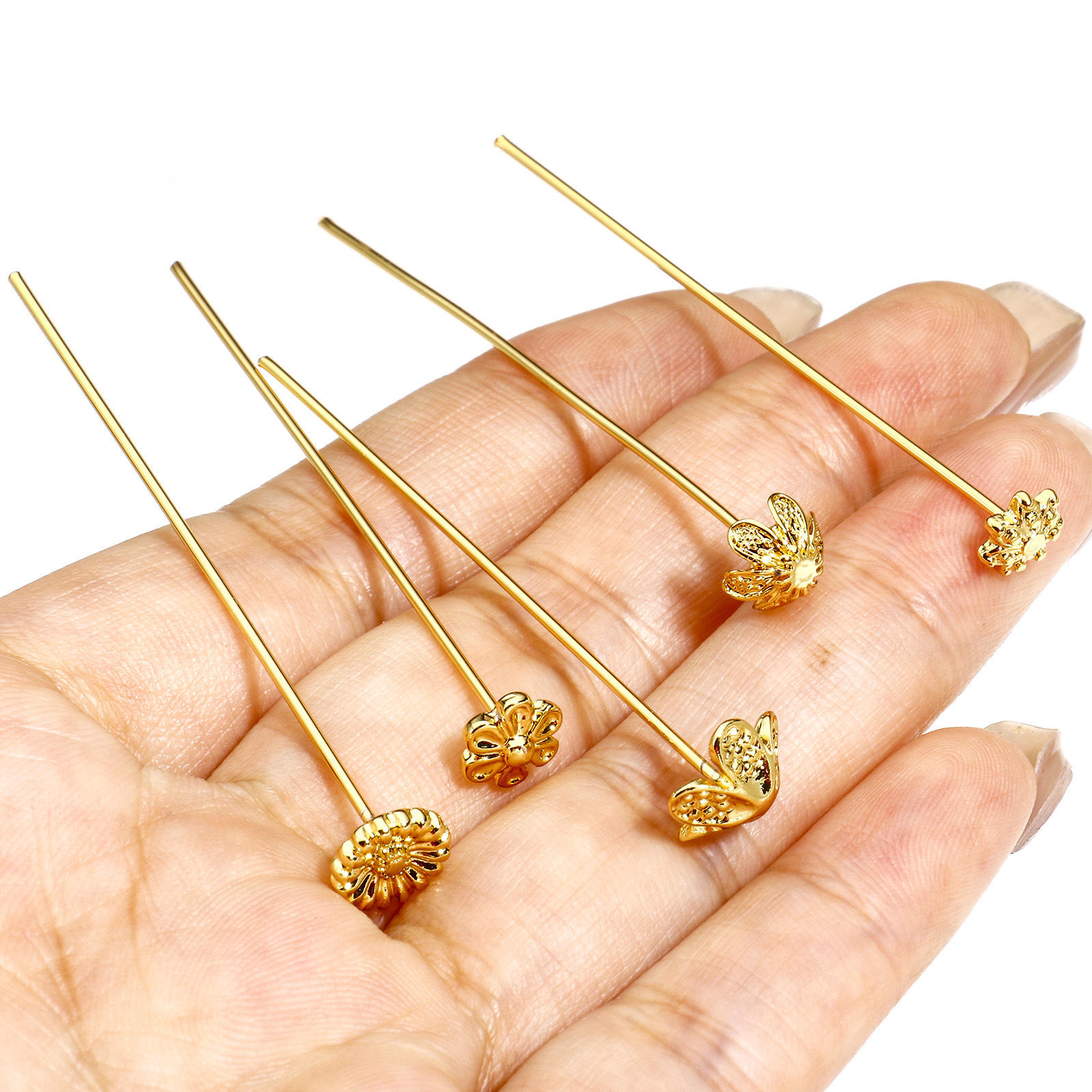 Bild von 5 Stück (19 gauge) Messing Kopfstifte Blumen 18K Echtgold plattiert