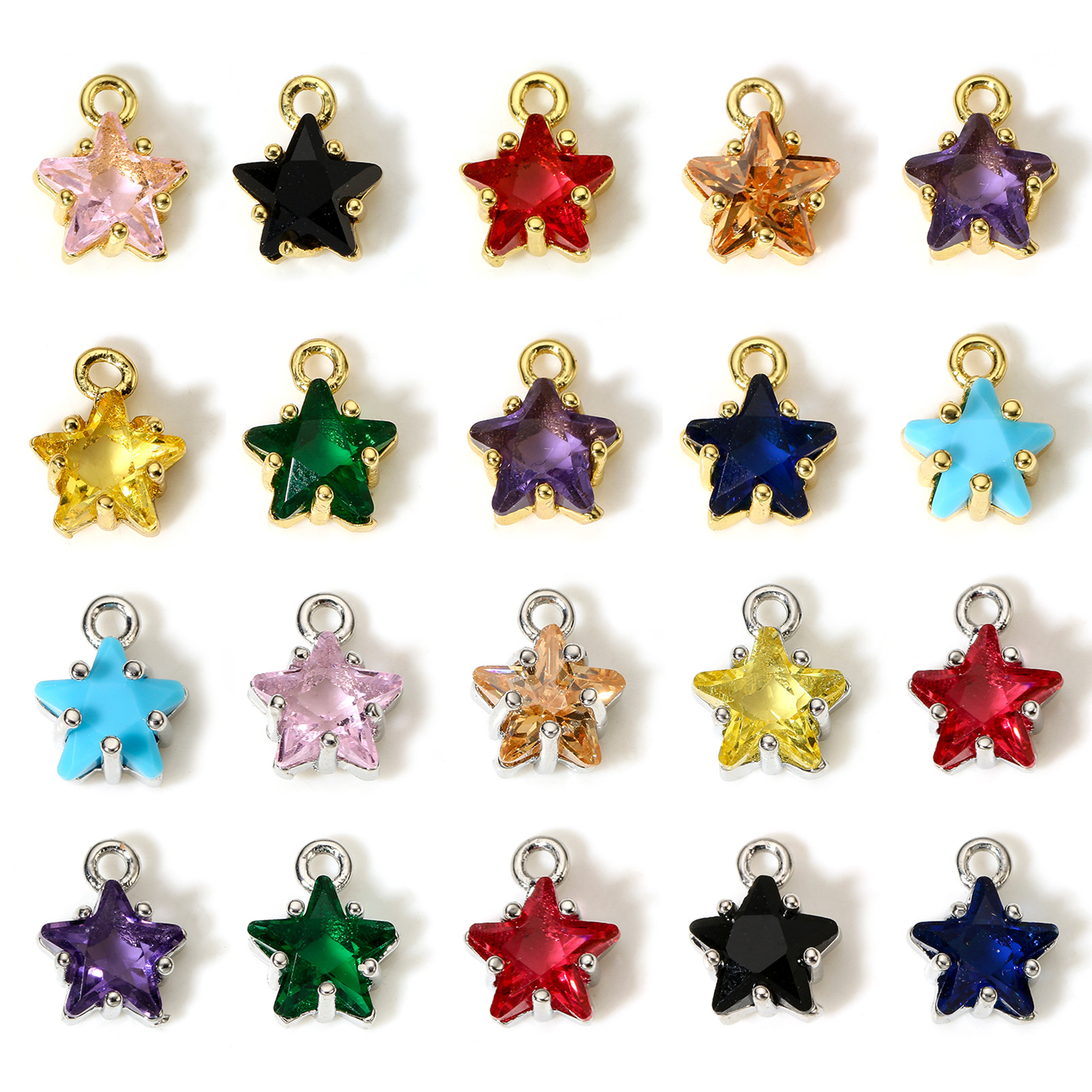 Bild von 2 Stück Messing und Glas Charms Echtgold plattiert Bunt Pentagramm Stern 9,5mm x 7,5mm