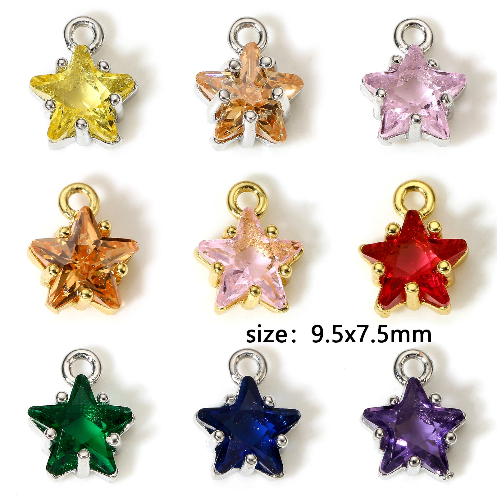 Bild von 2 Stück Messing und Glas Charms Echtgold plattiert Bunt Pentagramm Stern 9,5mm x 7,5mm
