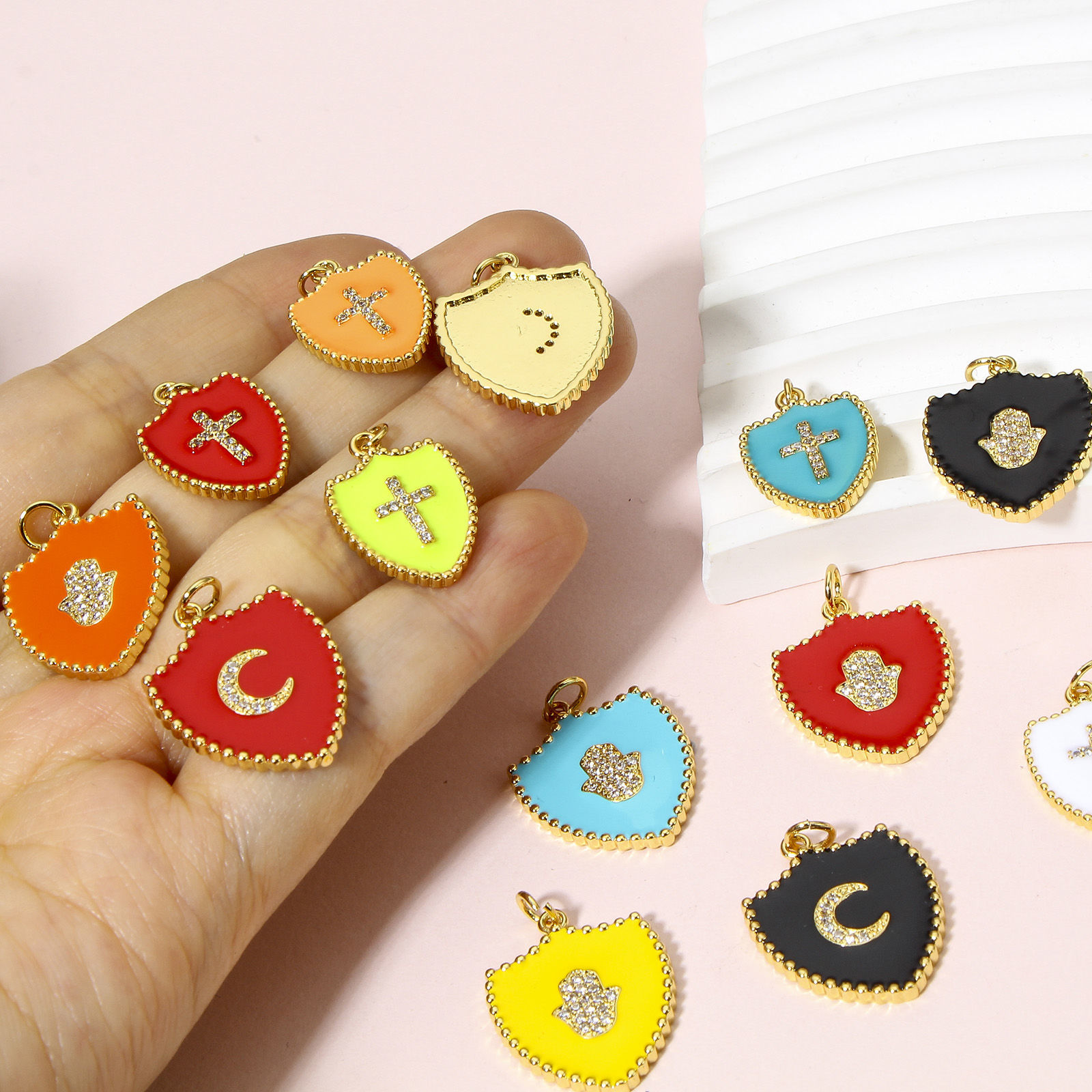 Picture of Brass Charms 18K Real Gold Plated Multicolor Shield Enamel Clear Cubic Zirconia 26mm x 18mm