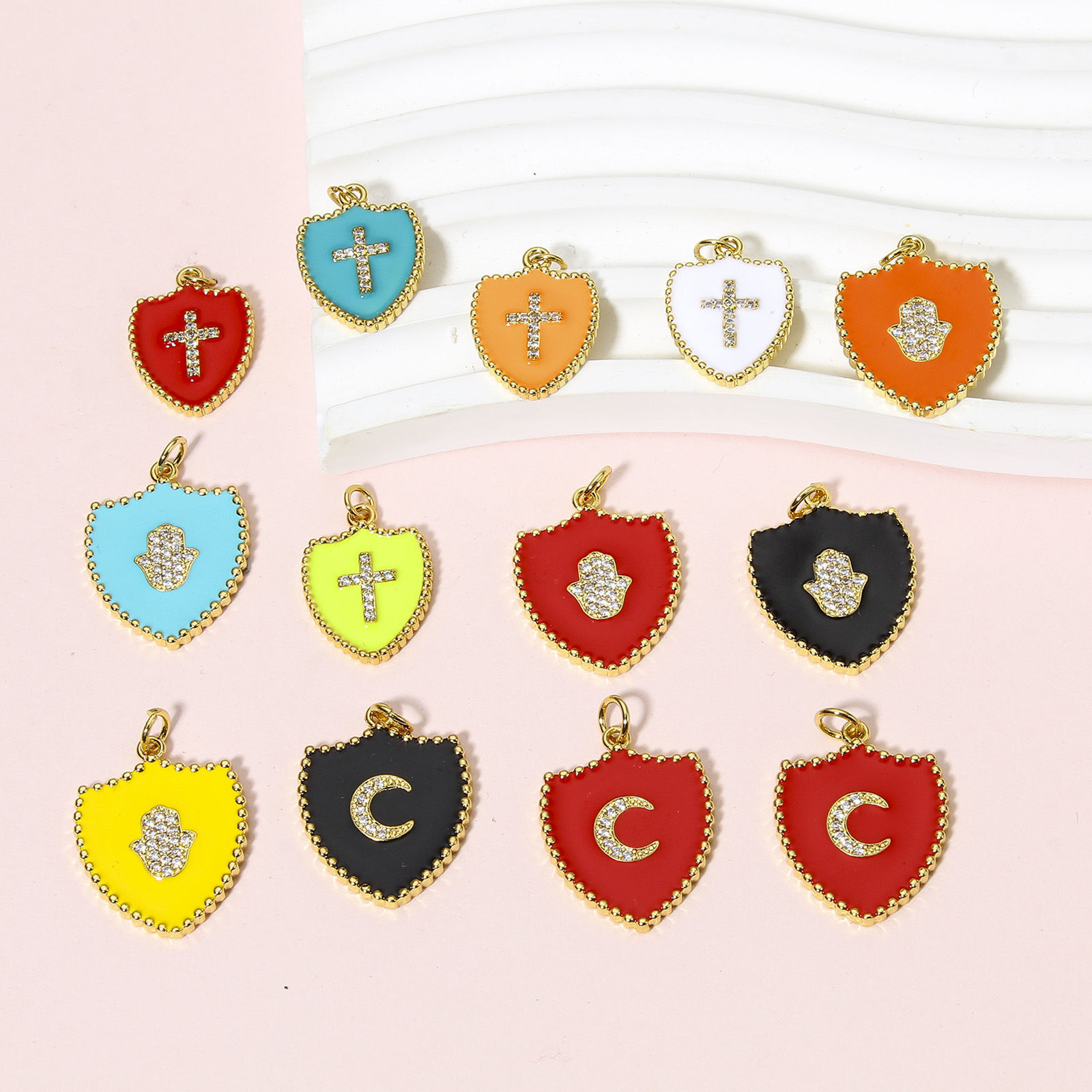 Picture of Brass Charms 18K Real Gold Plated Multicolor Shield Enamel Clear Cubic Zirconia 26mm x 18mm