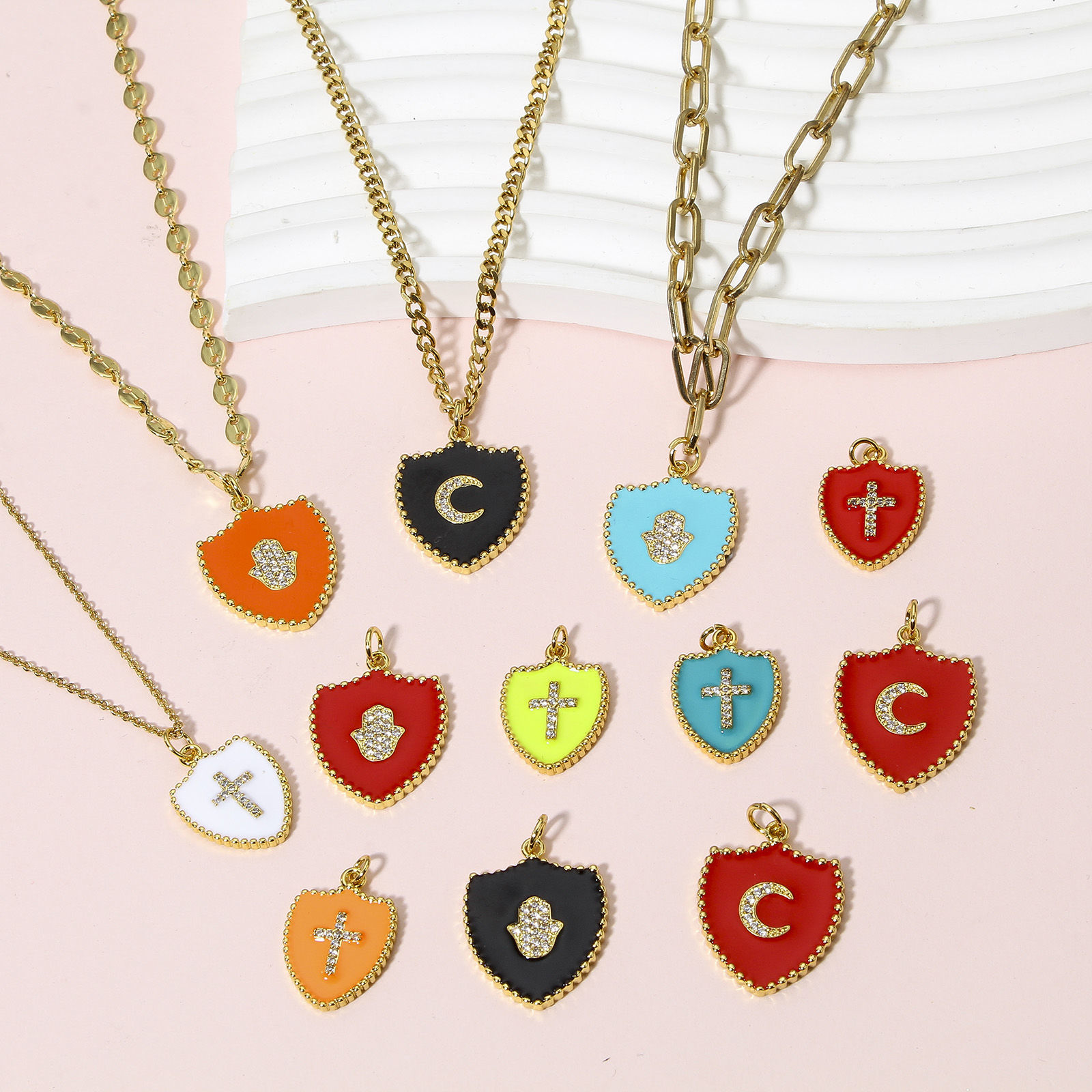 Picture of Brass Charms 18K Real Gold Plated Multicolor Shield Enamel Clear Cubic Zirconia 26mm x 18mm
