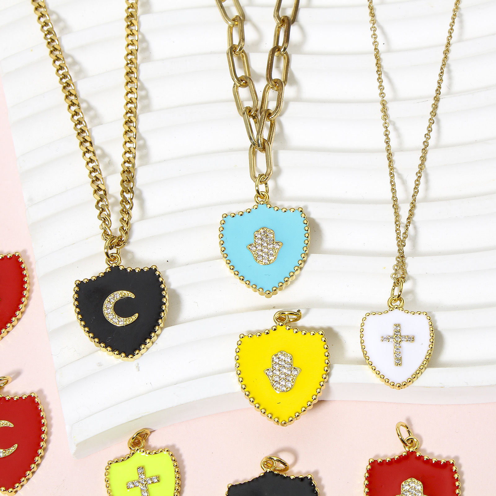 Picture of Brass Charms 18K Real Gold Plated Multicolor Shield Enamel Clear Cubic Zirconia 26mm x 18mm