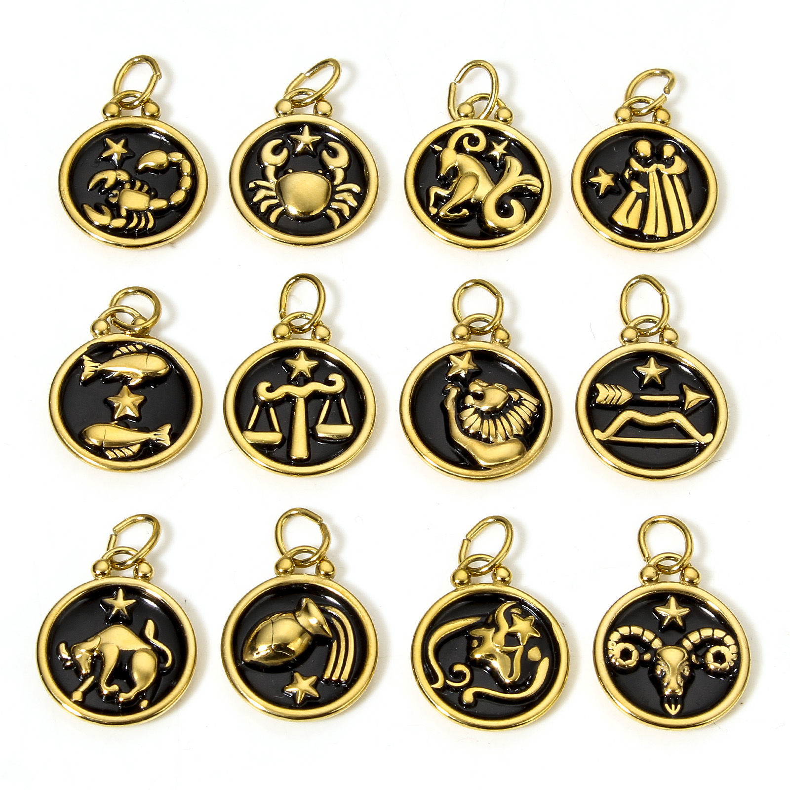Picture of 304 Stainless Steel Charms 18K Gold Plated Black Round Constellation Enamel 26mm x 17mm