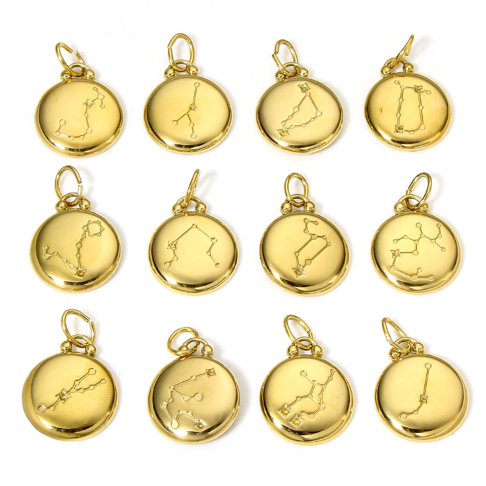 Picture of 304 Stainless Steel Charms 18K Gold Plated Black Round Constellation Enamel 26mm x 17mm