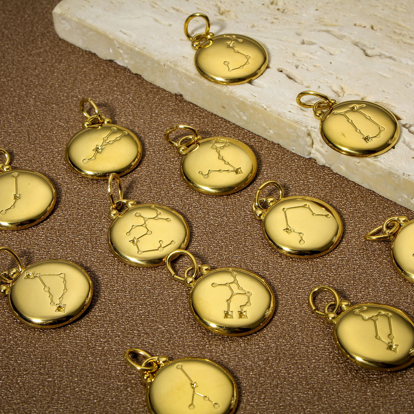 Picture of 304 Stainless Steel Charms 18K Gold Plated Black Round Constellation Enamel 26mm x 17mm