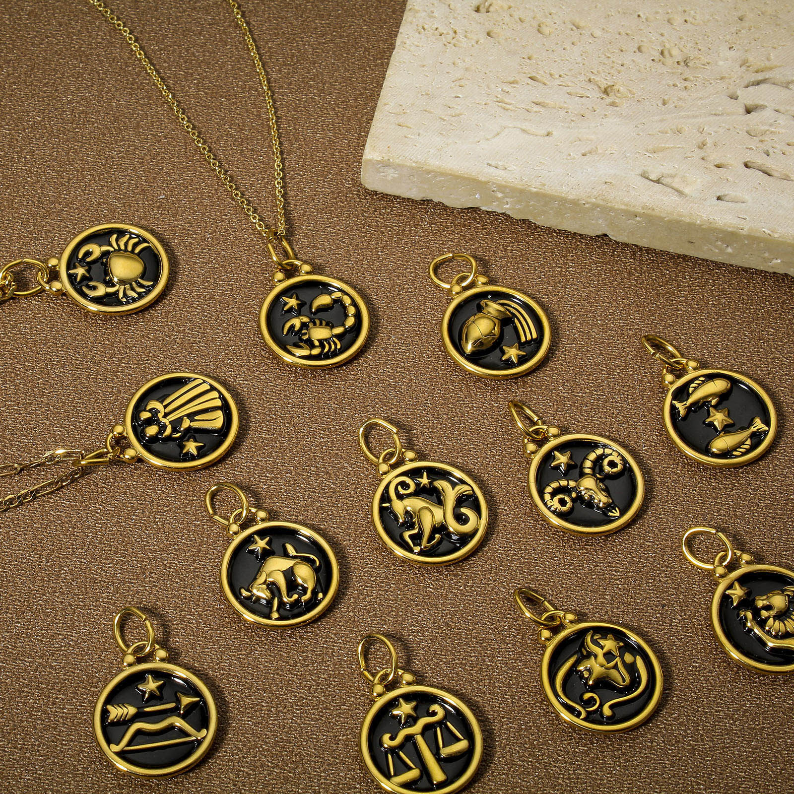 Picture of 304 Stainless Steel Charms 18K Gold Plated Black Round Constellation Enamel 26mm x 17mm