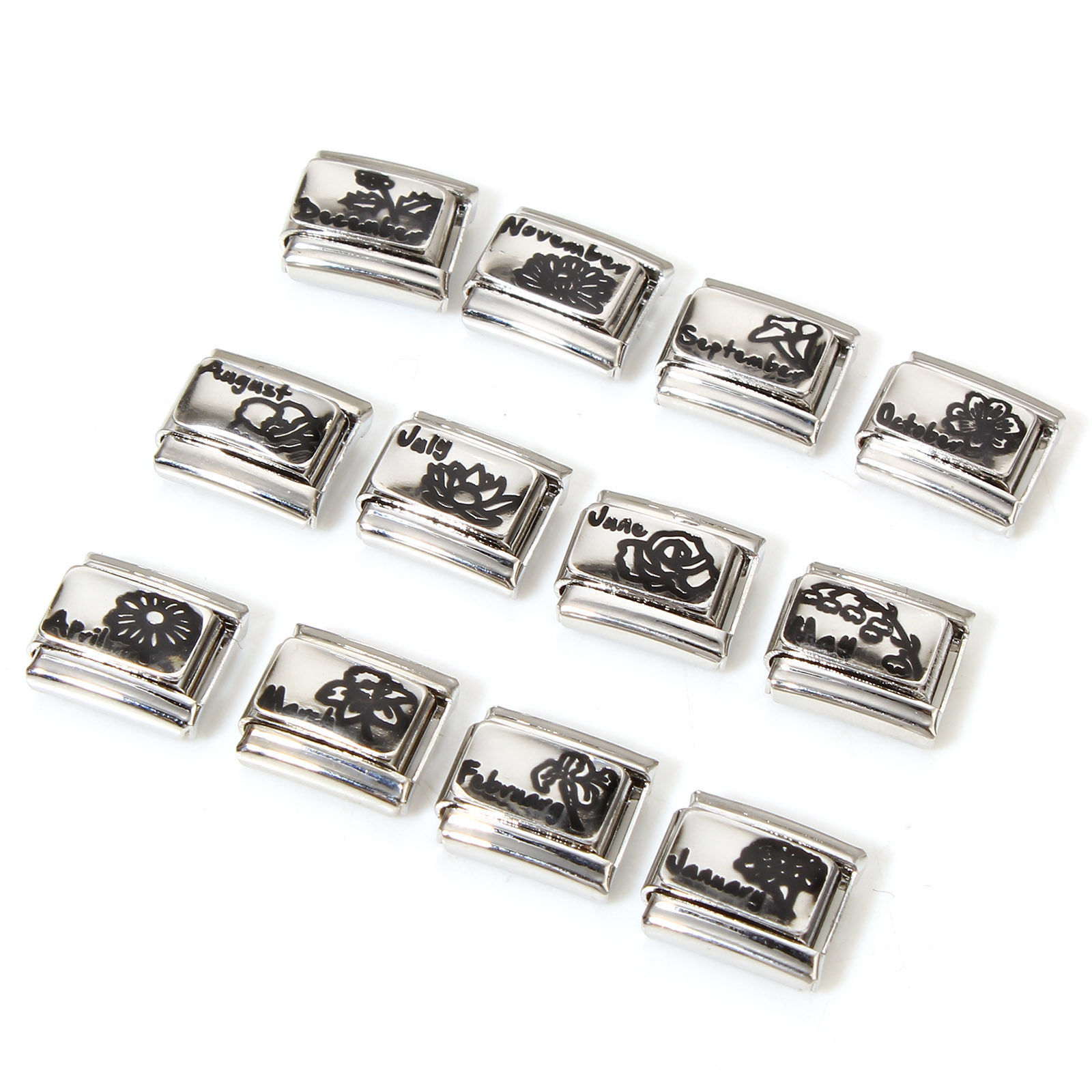 Picture of 304 Stainless Steel Birth Month Flower Italian Charm Links For DIY Bracelet Jewelry Making Silver Tone Rectangle 10mm x 9mm