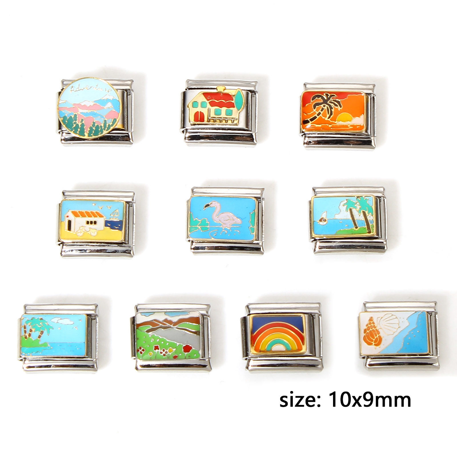 Picture of 304 Stainless Steel Italian Charm Links For DIY Bracelet Jewelry Making Silver Tone Rectangle 10mm x 9mm