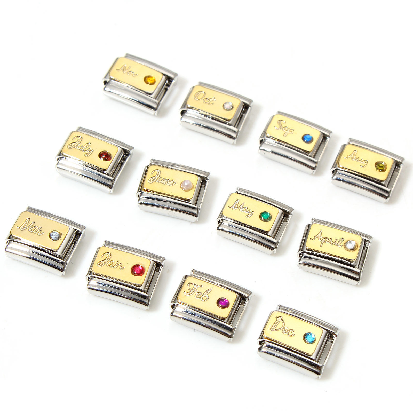 Image de 1 Pièce Bracelet à Maillons Breloques Italiens Accessories de Fabrication de Bracelets Bijoux DIY Pierres de Naissance en 304 Acier Inoxydable Plaqué Or & Argent Mat Rectangle A Strass 10mm x 9mm