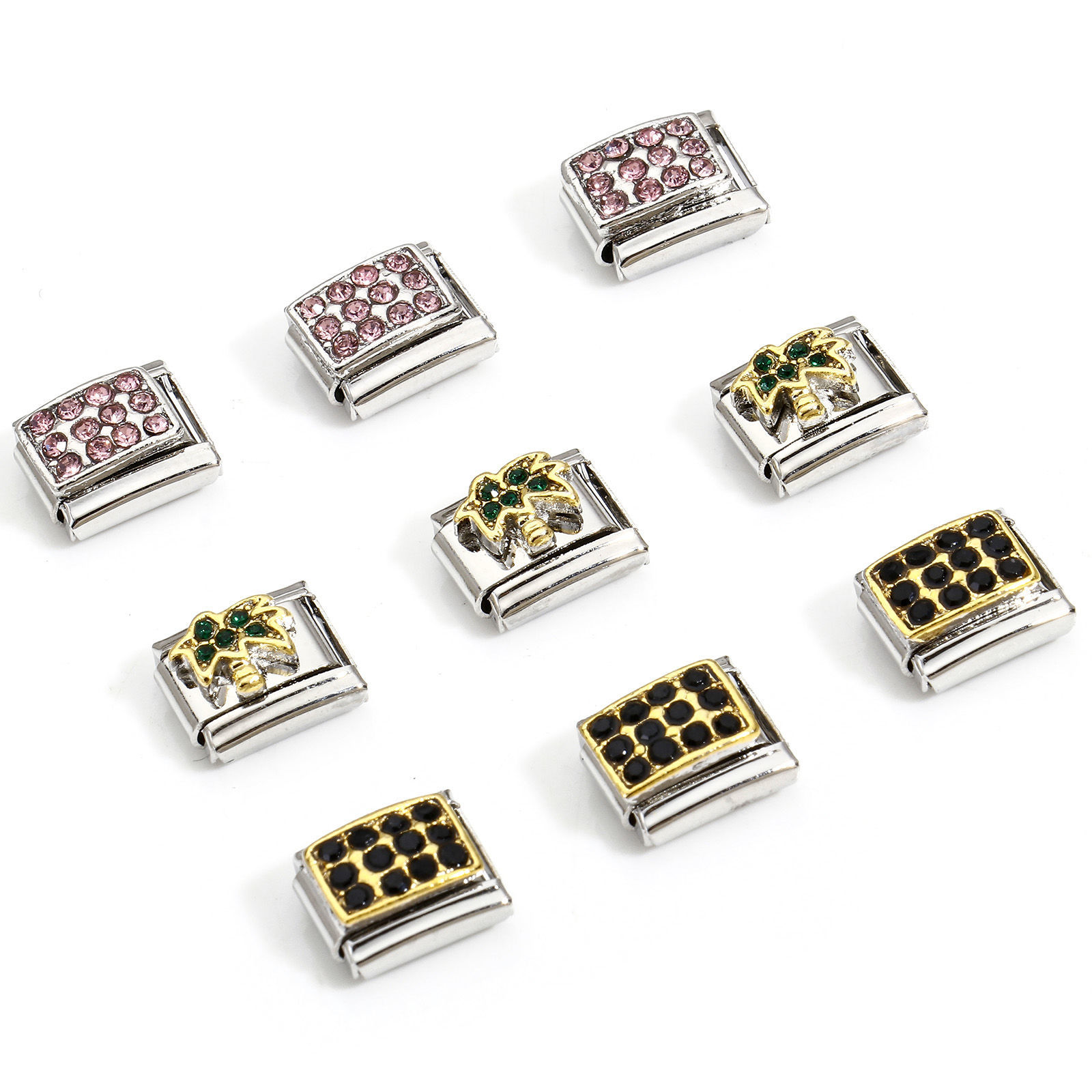 Picture of 304 Stainless Steel Italian Charm Links For DIY Bracelet Jewelry Making Silver Tone Rectangle Rhinestone 10mm x 9mm