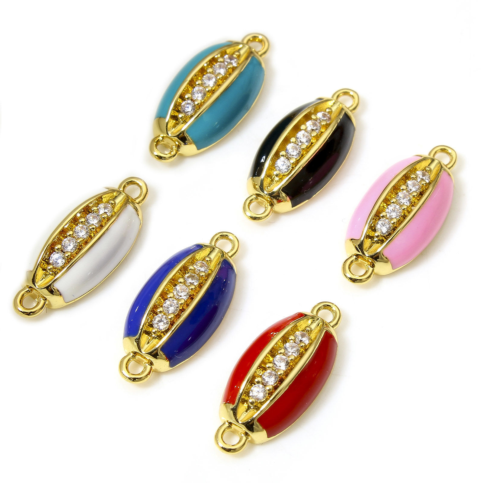 Picture of Brass Connectors Charms Pendants Cowrie Monetaria Caputserpentis Shell 18K Real Gold Plated Multicolor Enamel Clear Cubic Zirconia 15mm x 7mm