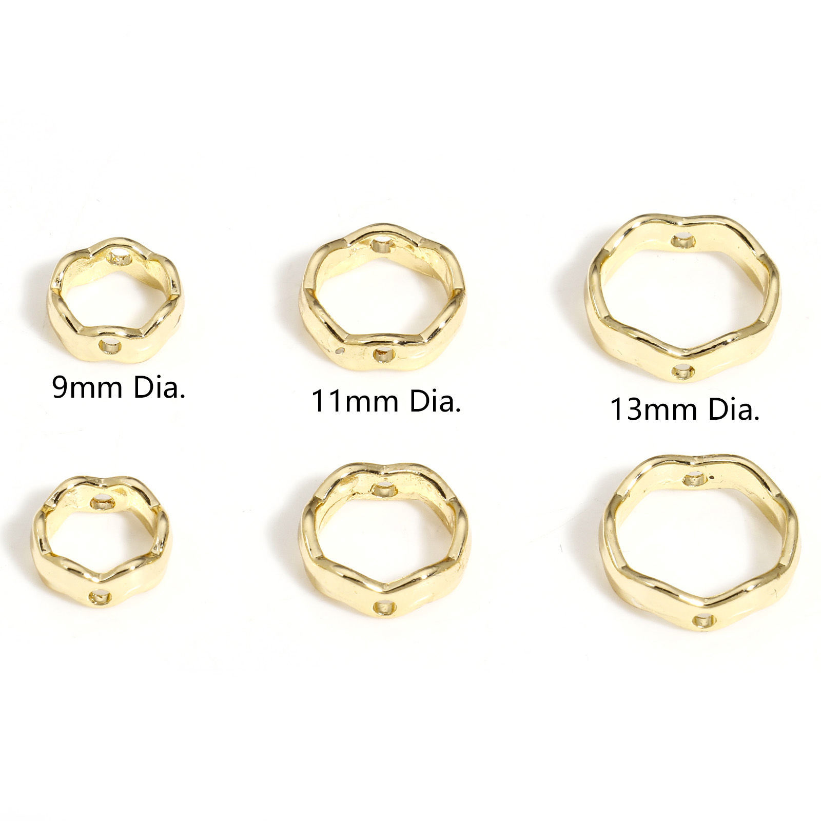 Image de 5 Pcs Cadres de Perles en Laiton Rond Vague Plaqué Or Véritable 14K