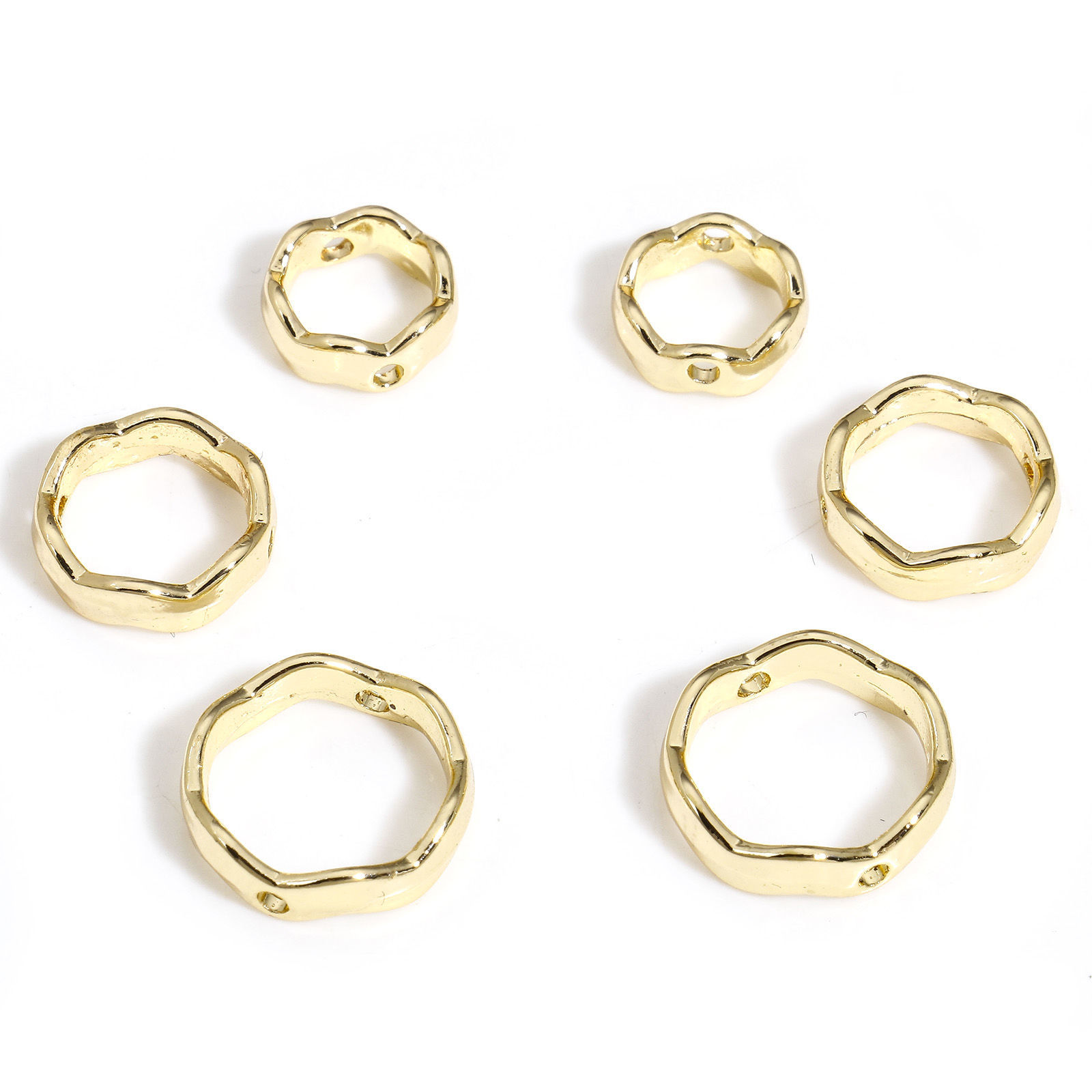 Image de 5 Pcs Cadres de Perles en Laiton Rond Vague Plaqué Or Véritable 14K