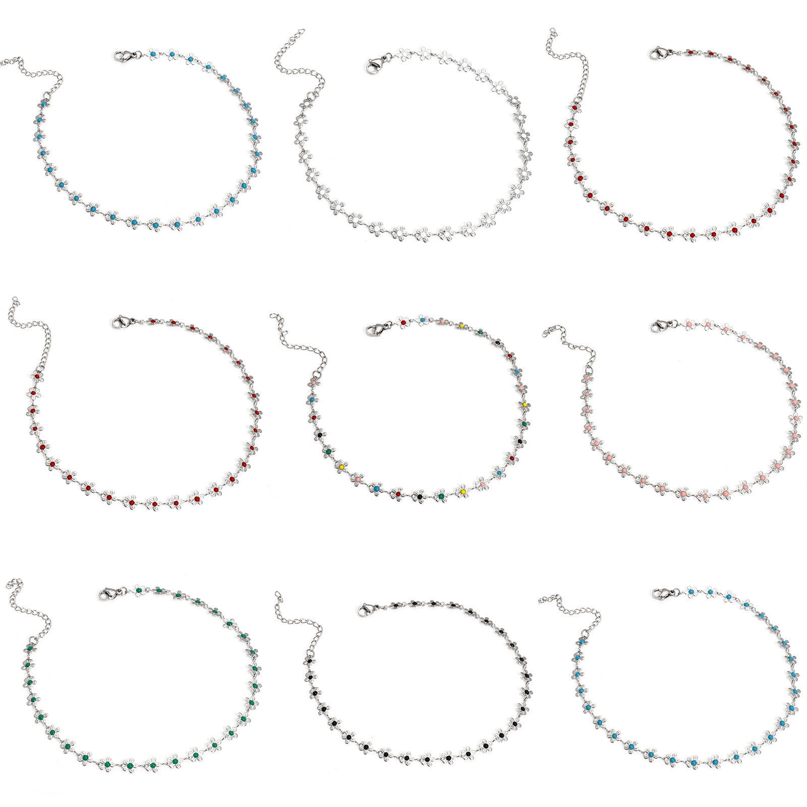 Picture of 304 Stainless Steel Handmade Link Chain Anklet Silver Tone Enamel Flower 25cm(9 7/8") long
