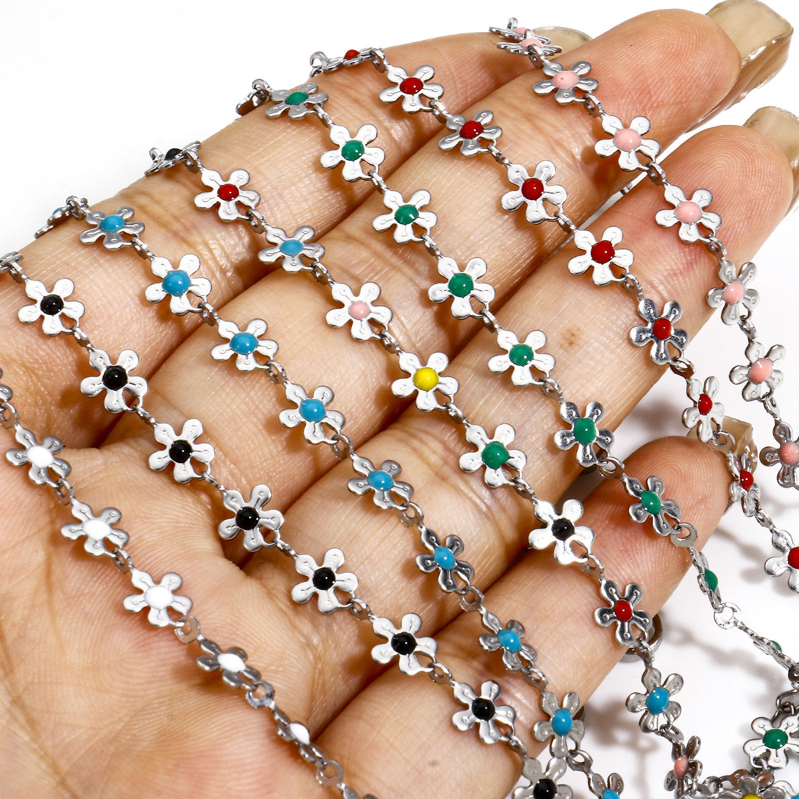 Picture of 304 Stainless Steel Handmade Link Chain Anklet Silver Tone Enamel Flower 25cm(9 7/8") long