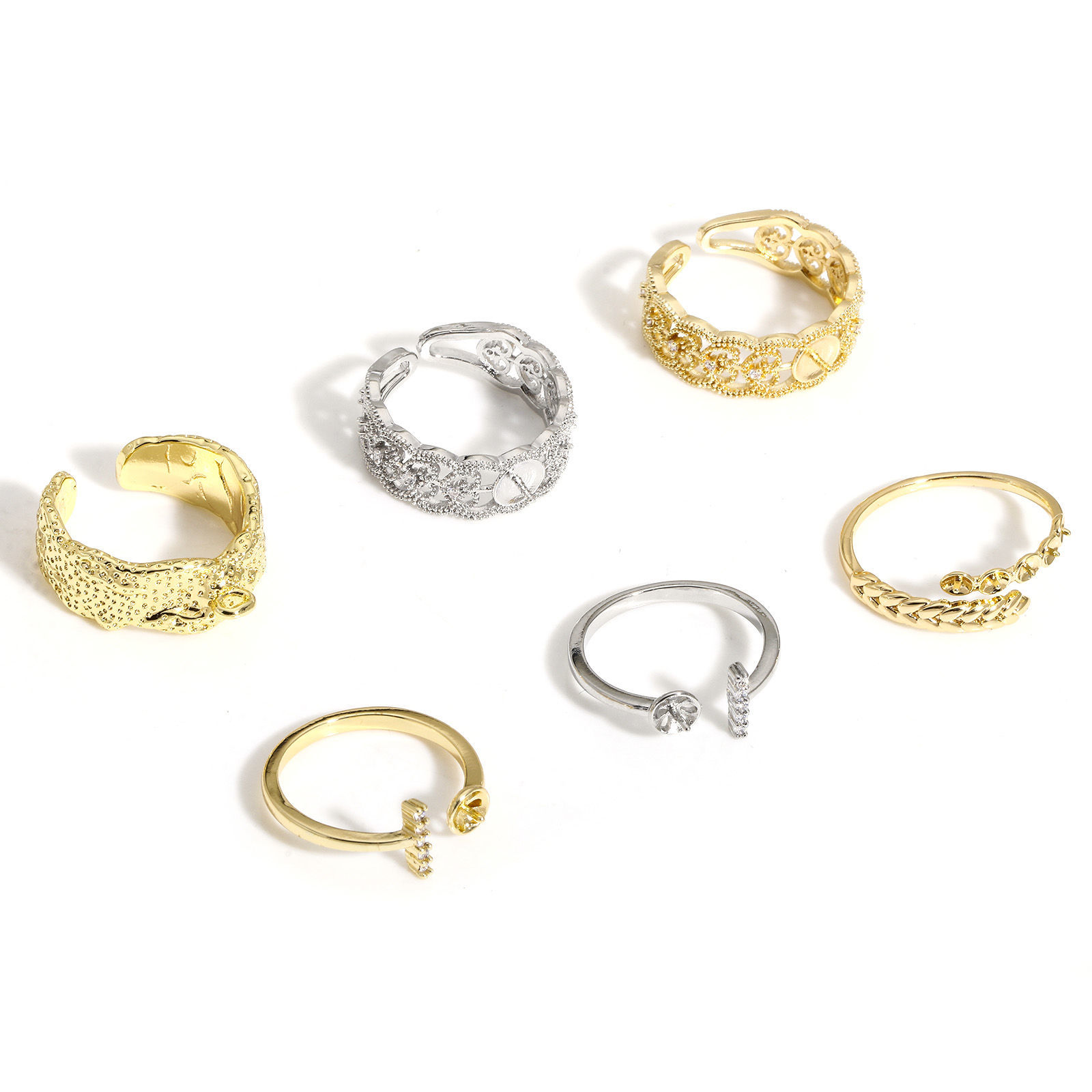 Image de 1 Pièce Bague Semi-montée pour Réglage de Perles DIY Élégant en Laiton Ouvert Ajoustable Dentelle Plaqué Or Véritable à Strass Transparent