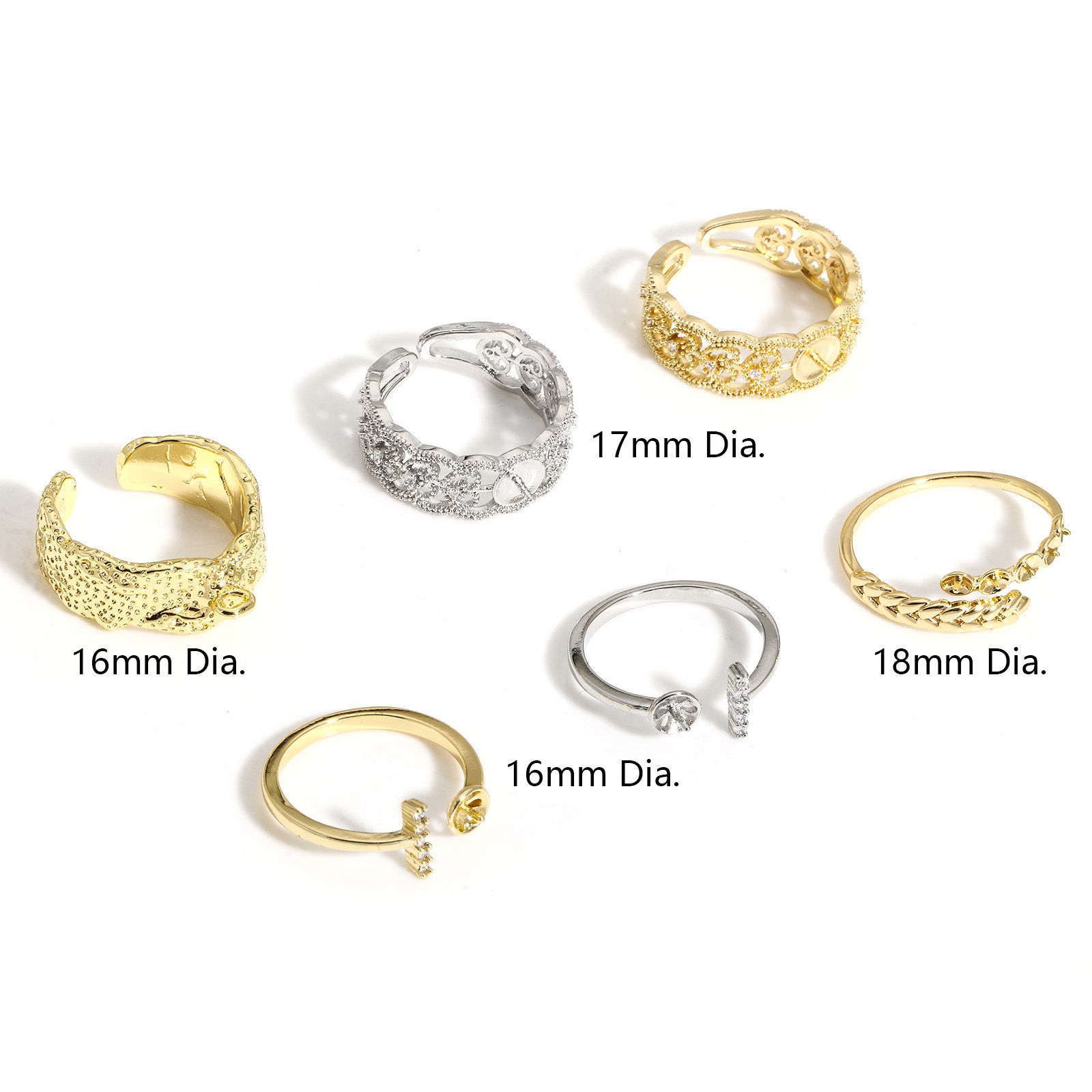 Image de 1 Pièce Bague Semi-montée pour Réglage de Perles DIY Élégant en Laiton Ouvert Ajoustable Dentelle Plaqué Or Véritable à Strass Transparent