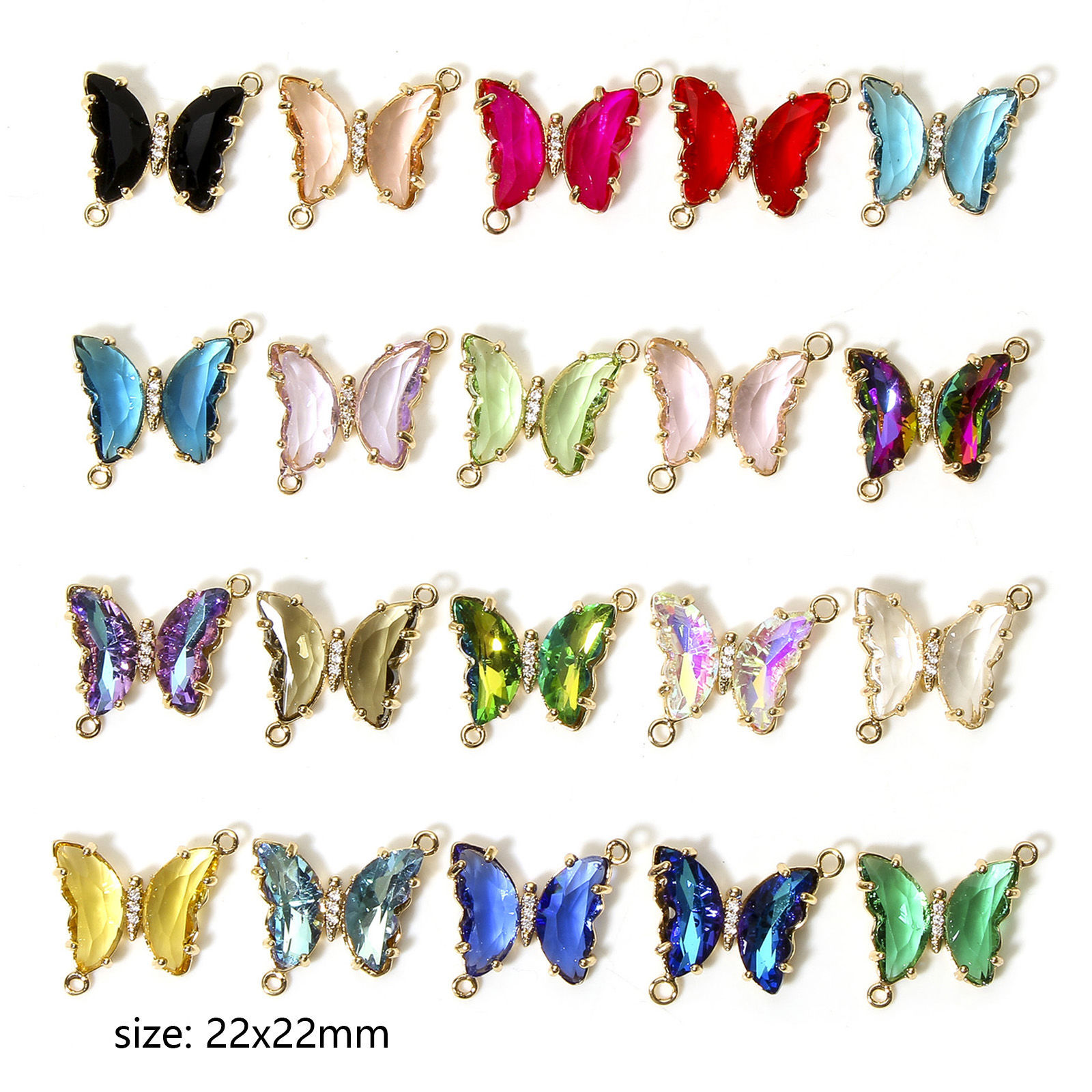 5 個 真鍮+ガラス 昆虫 コネクター ペンダント チャーム 金メッキ 多色 蝶 透明ラインストーン 22mm x 22mm、 の画像