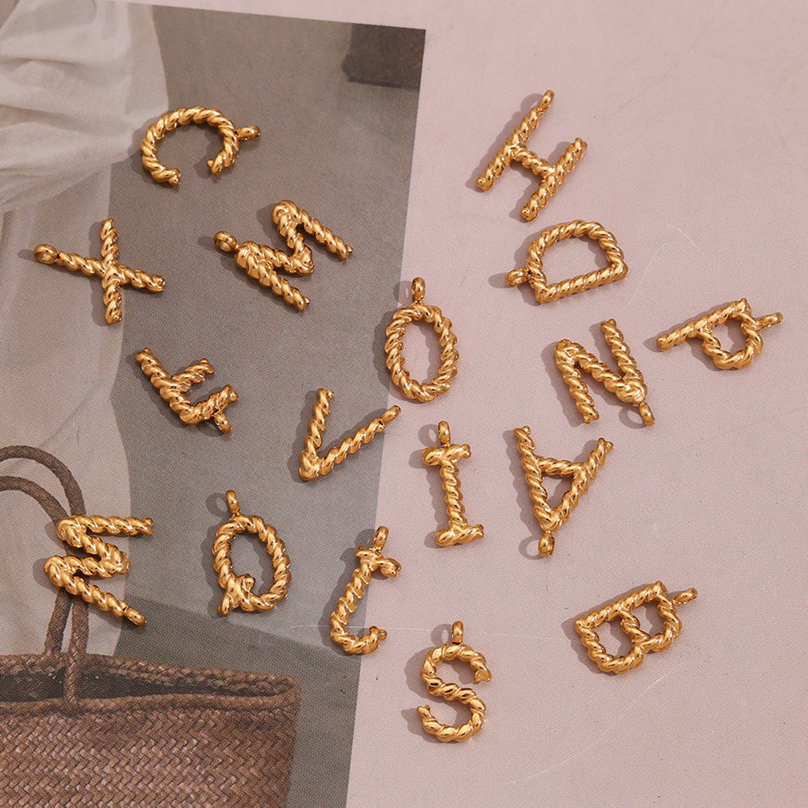 Picture of 316 Stainless Steel Mini Charms 18K Gold Plated Capital Alphabet/ Letter Message " A-Z " Twisted 15.2mm x 11.7mm