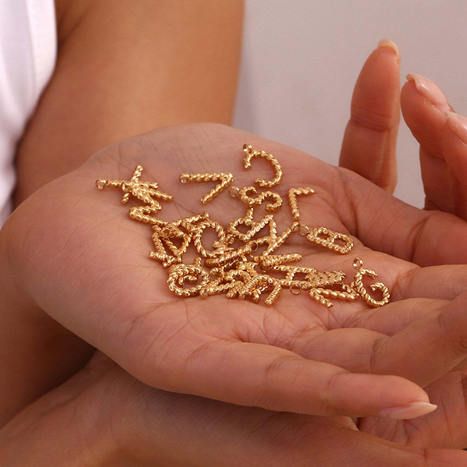 Picture of 316 Stainless Steel Mini Charms 18K Gold Plated Capital Alphabet/ Letter Message " A-Z " Twisted 15.2mm x 11.7mm