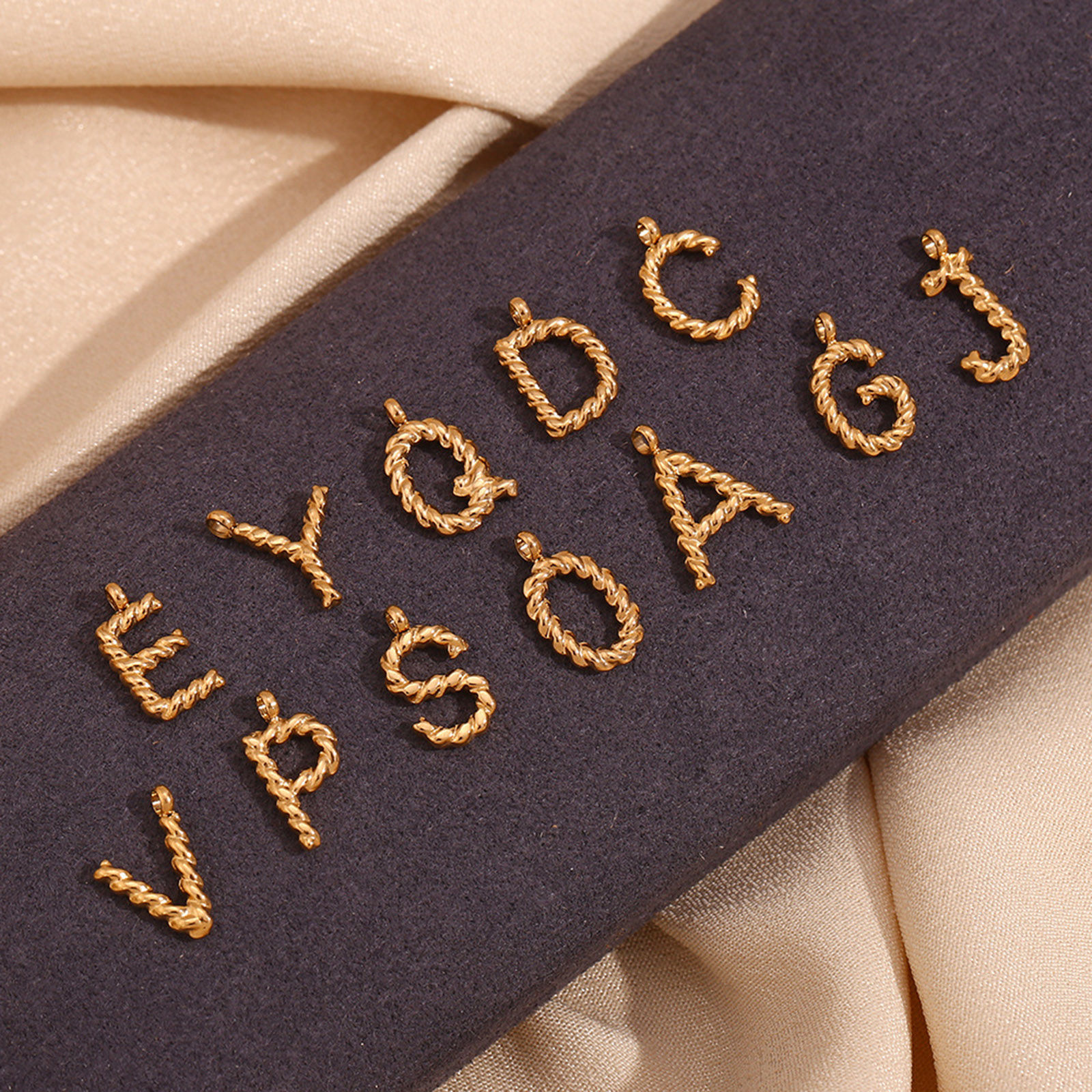 Picture of 316 Stainless Steel Mini Charms 18K Gold Plated Capital Alphabet/ Letter Message " A-Z " Twisted 15.2mm x 11.7mm