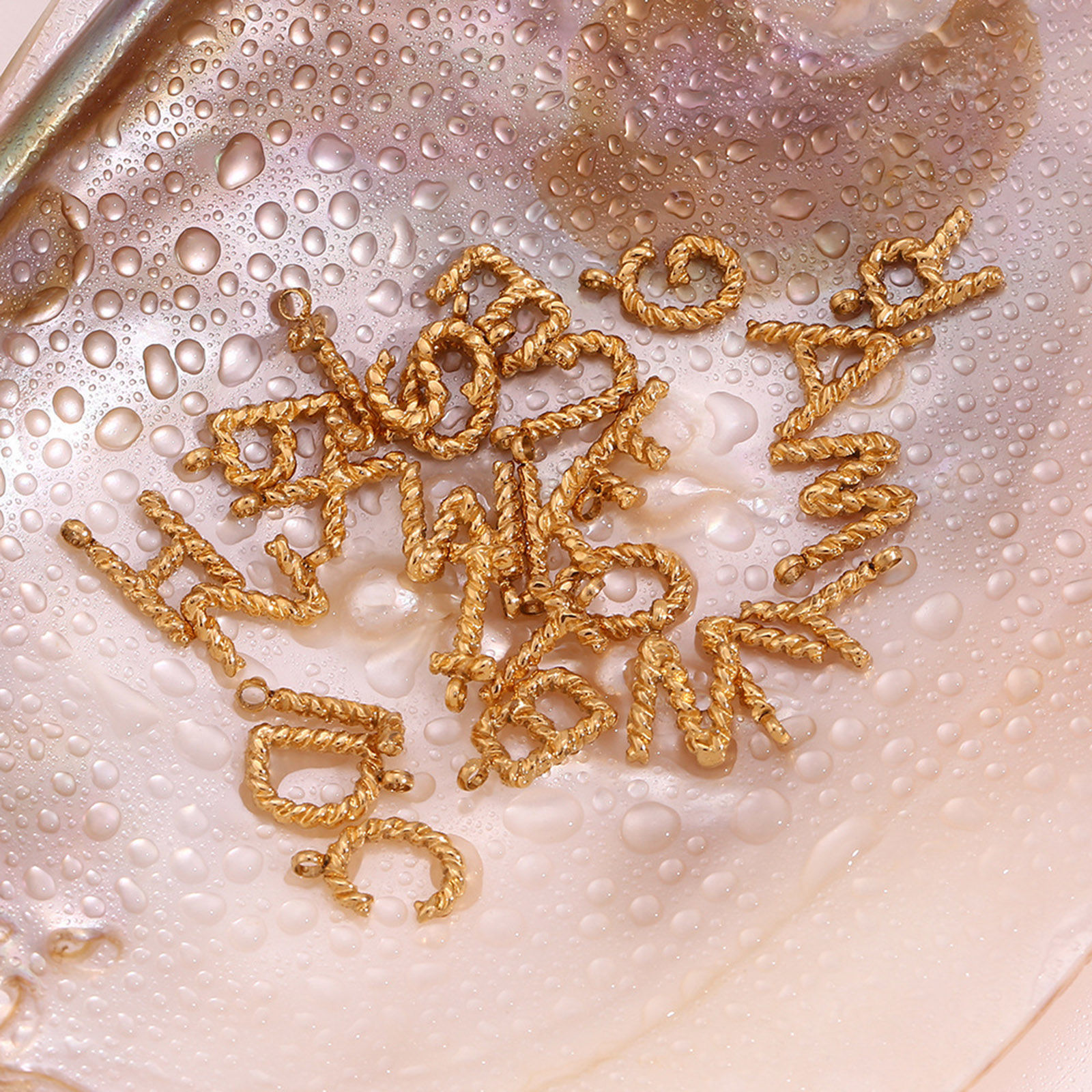 Picture of 316 Stainless Steel Mini Charms 18K Gold Plated Capital Alphabet/ Letter Message " A-Z " Twisted 15.2mm x 11.7mm