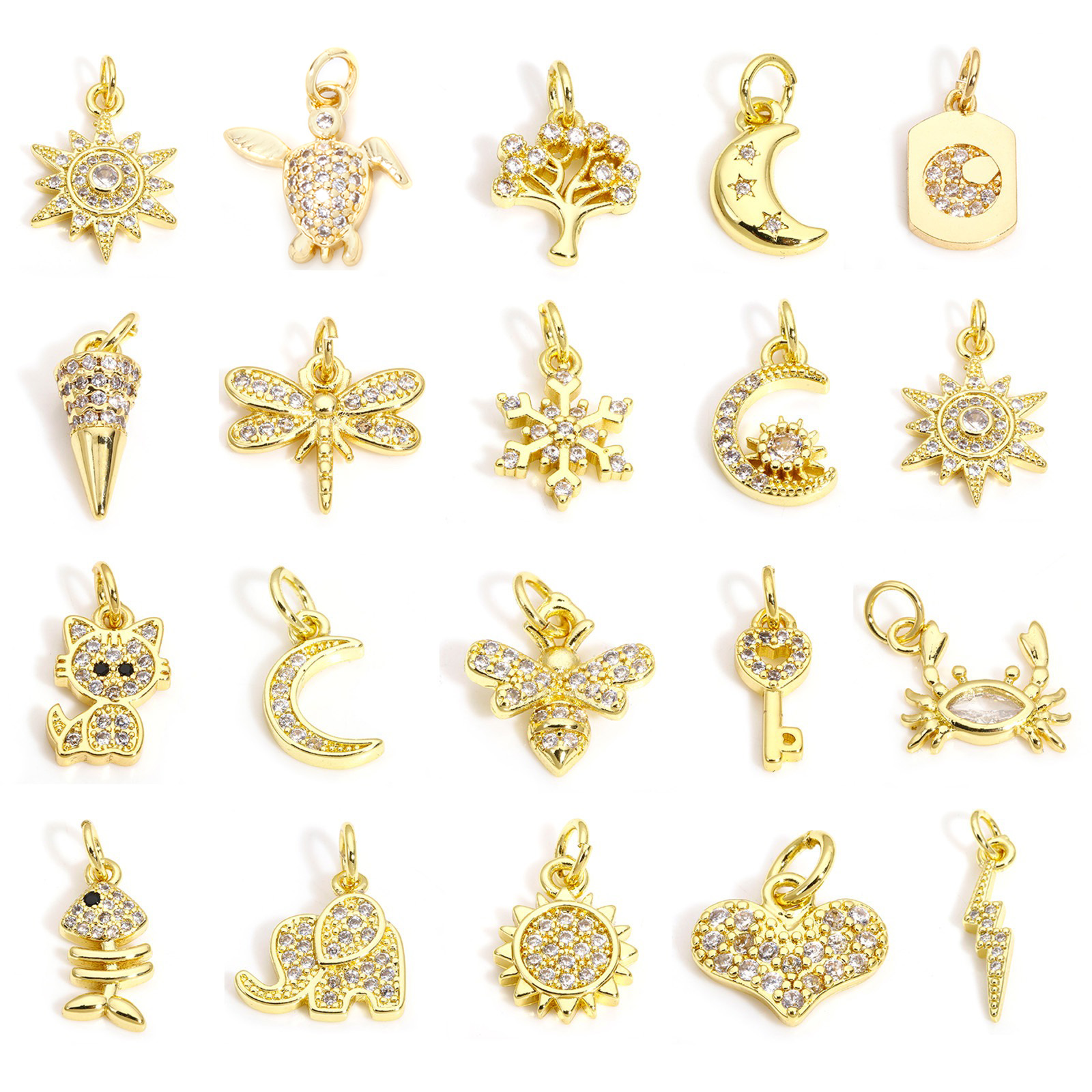 Picture of Brass Charms 18K Gold Plated Sun Insect Clear Cubic Zirconia