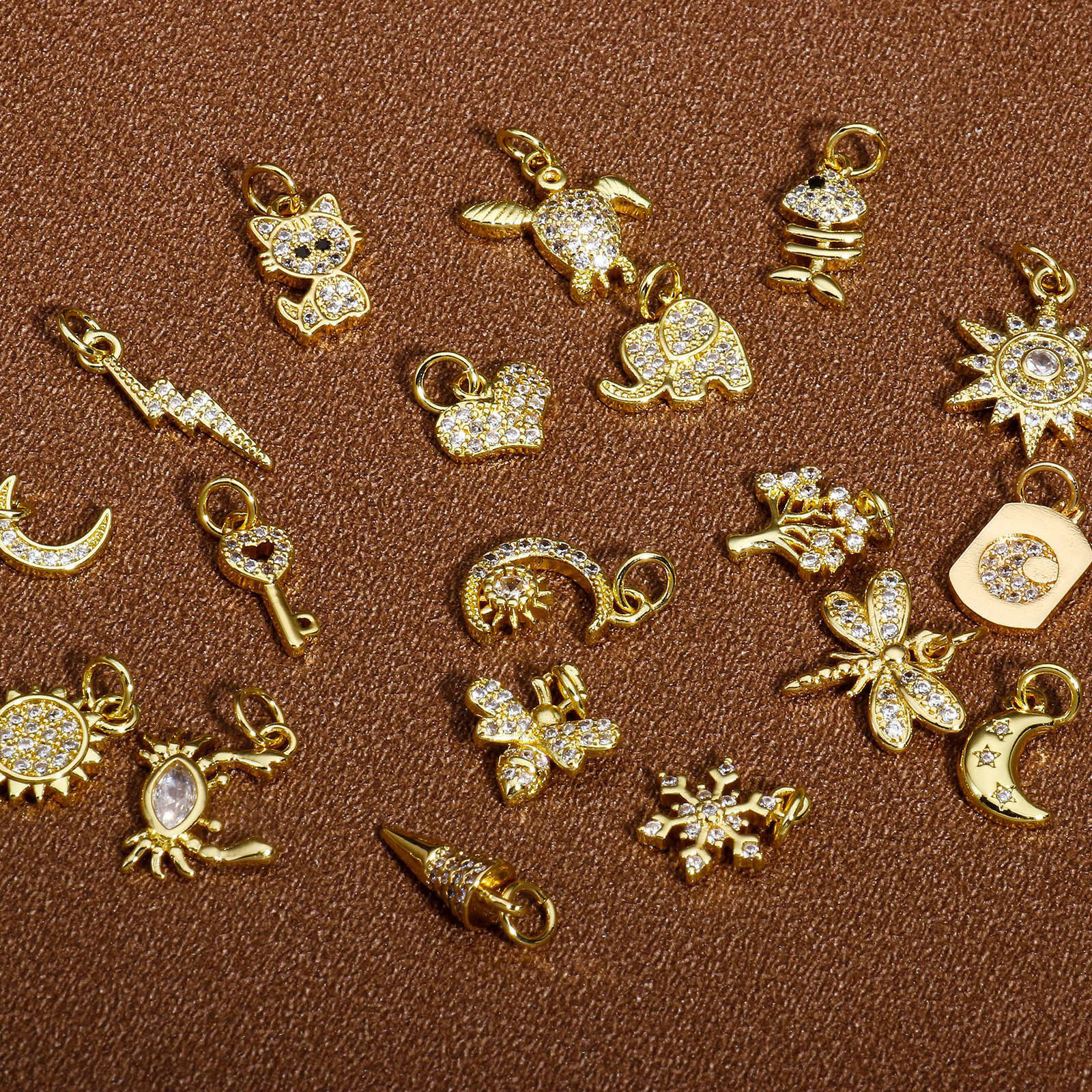 Picture of Brass Charms 18K Gold Plated Sun Insect Clear Cubic Zirconia