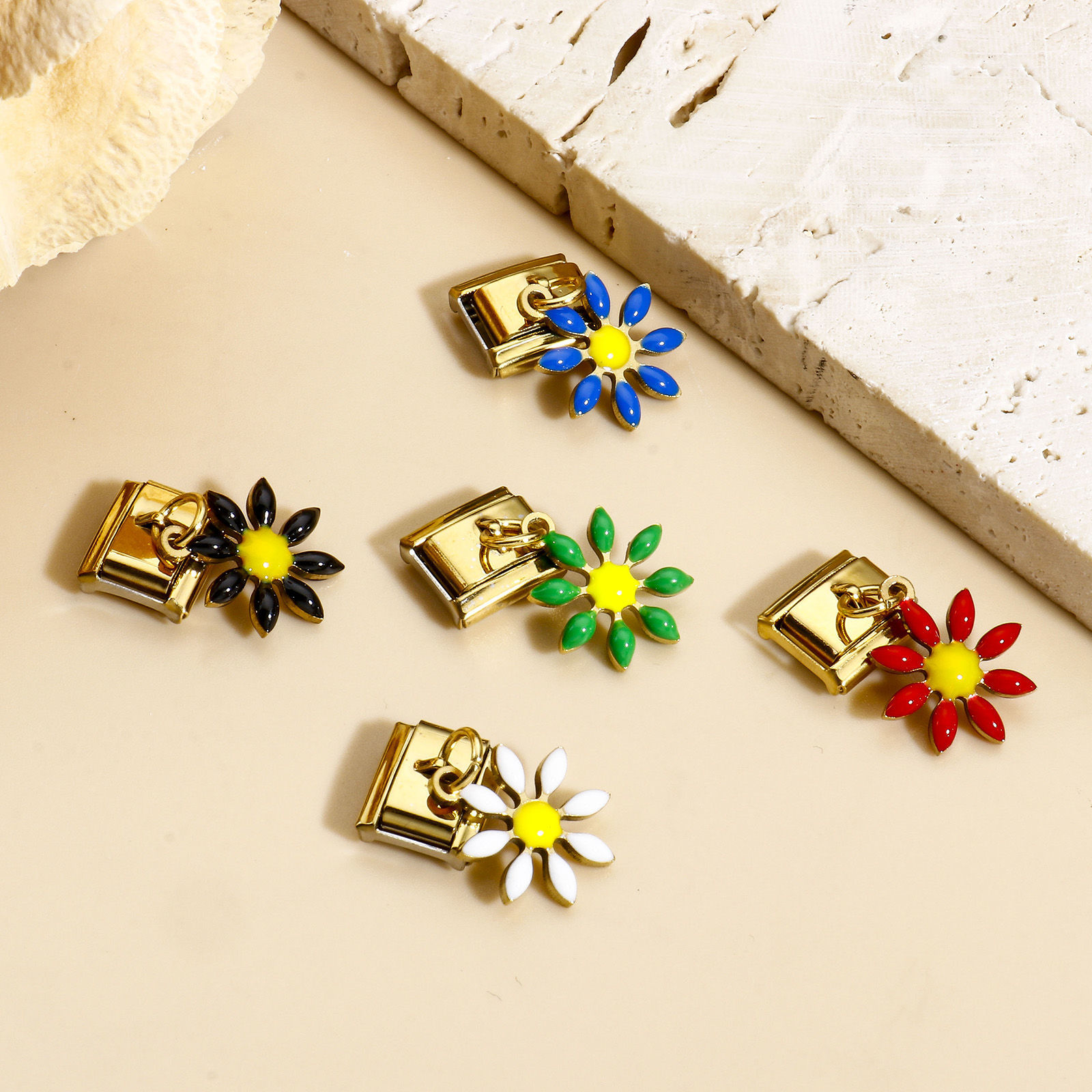 Picture of 304 Stainless Steel Italian Charm Links For DIY Bracelet Jewelry Making Gold Plated Rectangle Daisy Flower Double-sided Enamel 10mm x 9mm