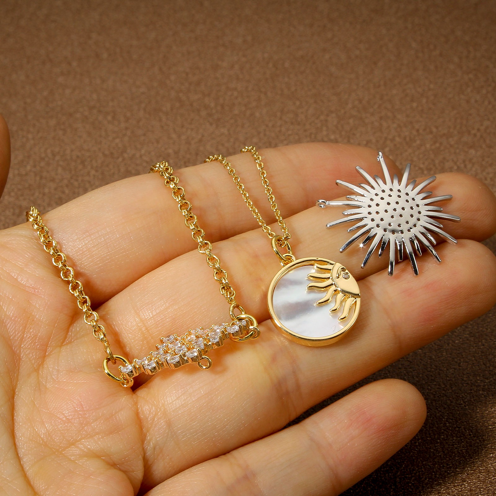 Picture of Natural Shell & Brass Galaxy Charms Real Gold Plated Round Sun Clear Cubic Zirconia 17mm x 15mm